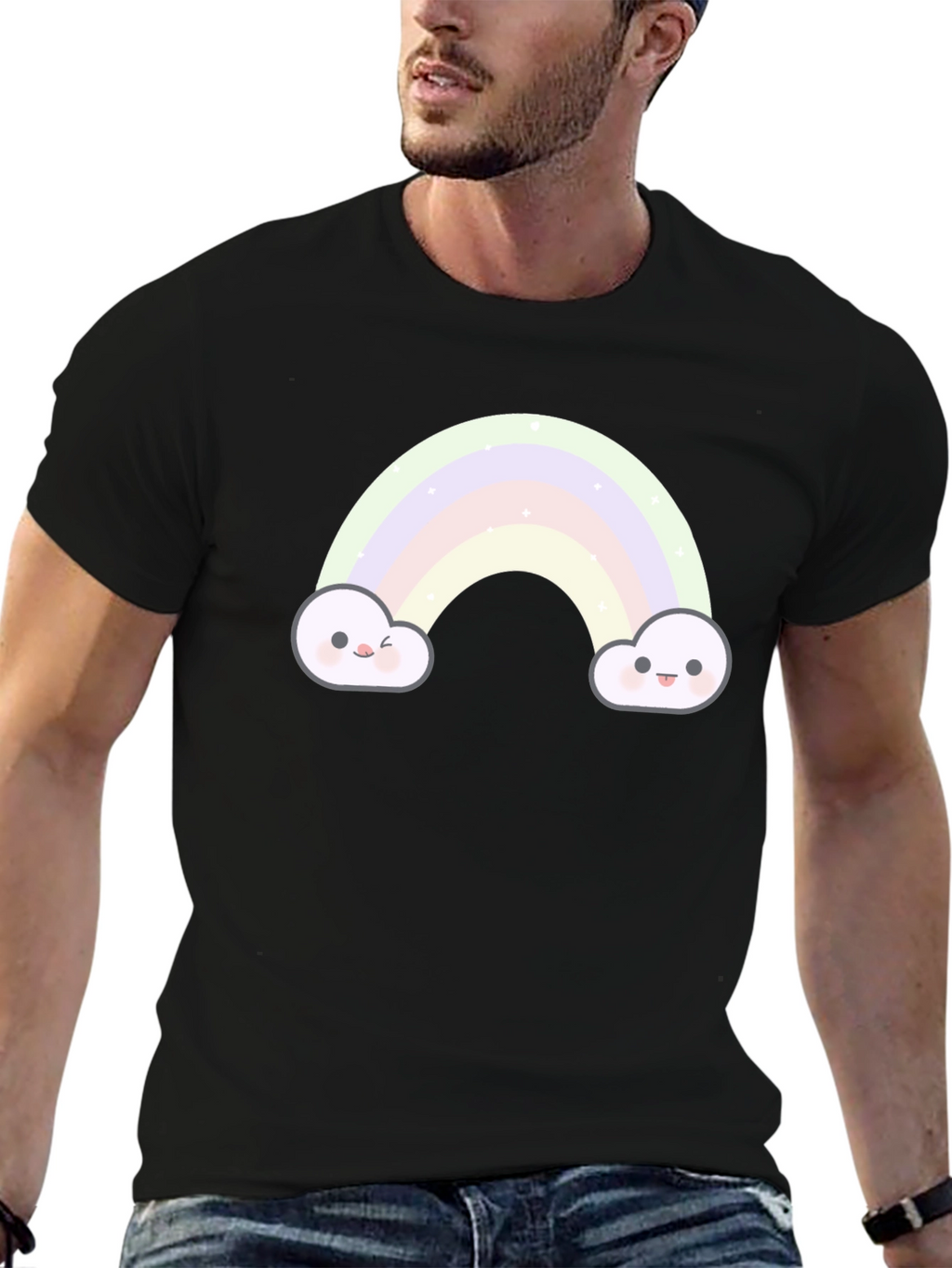 Cute Rainbow Cloud Graphic Tee - Black