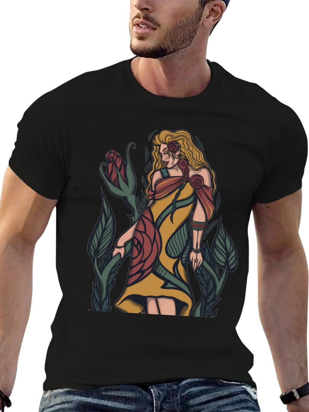 Floral Goddess Graphic T-Shirt - Black