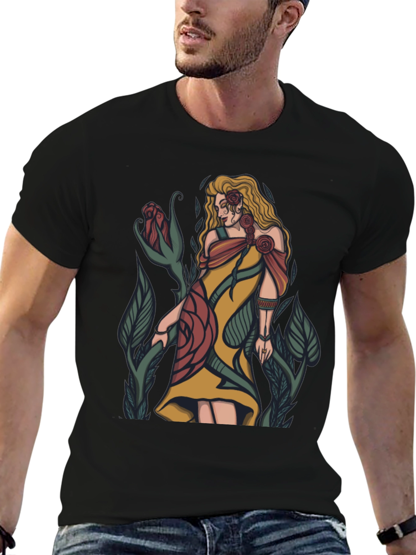 Floral Goddess Graphic T-Shirt - Black