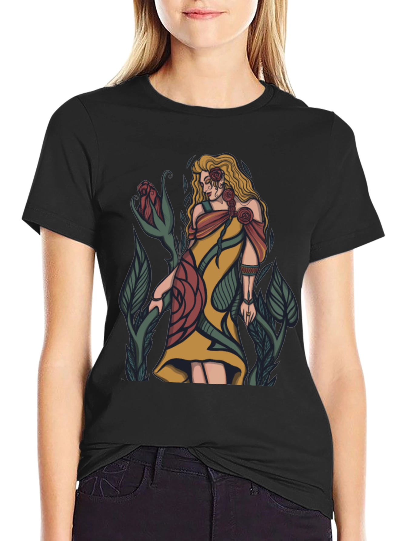 Floral Goddess Graphic T-Shirt - Black