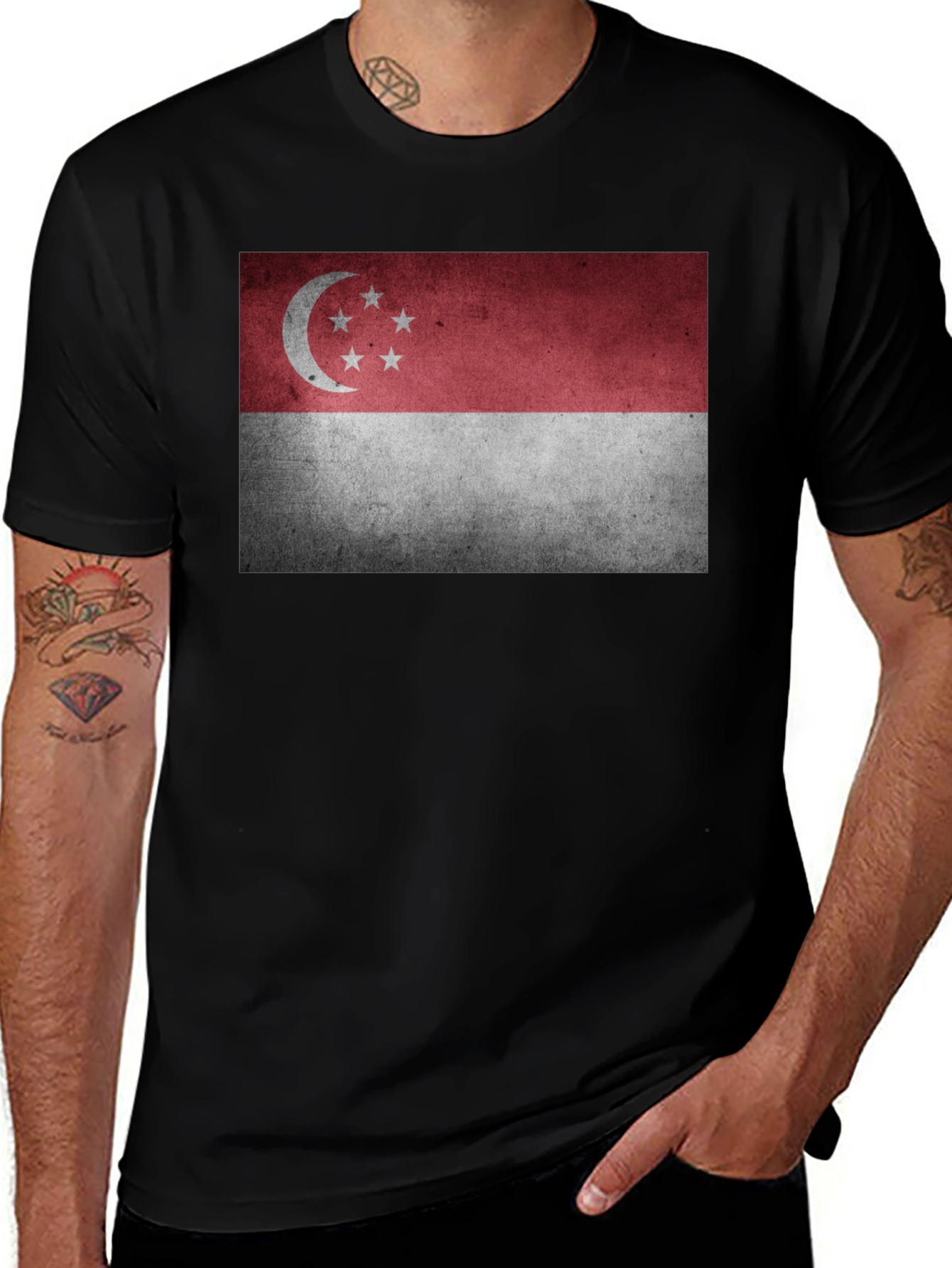 Singapore Flag Graphic Tee - Black Crew Neck T-Shirt