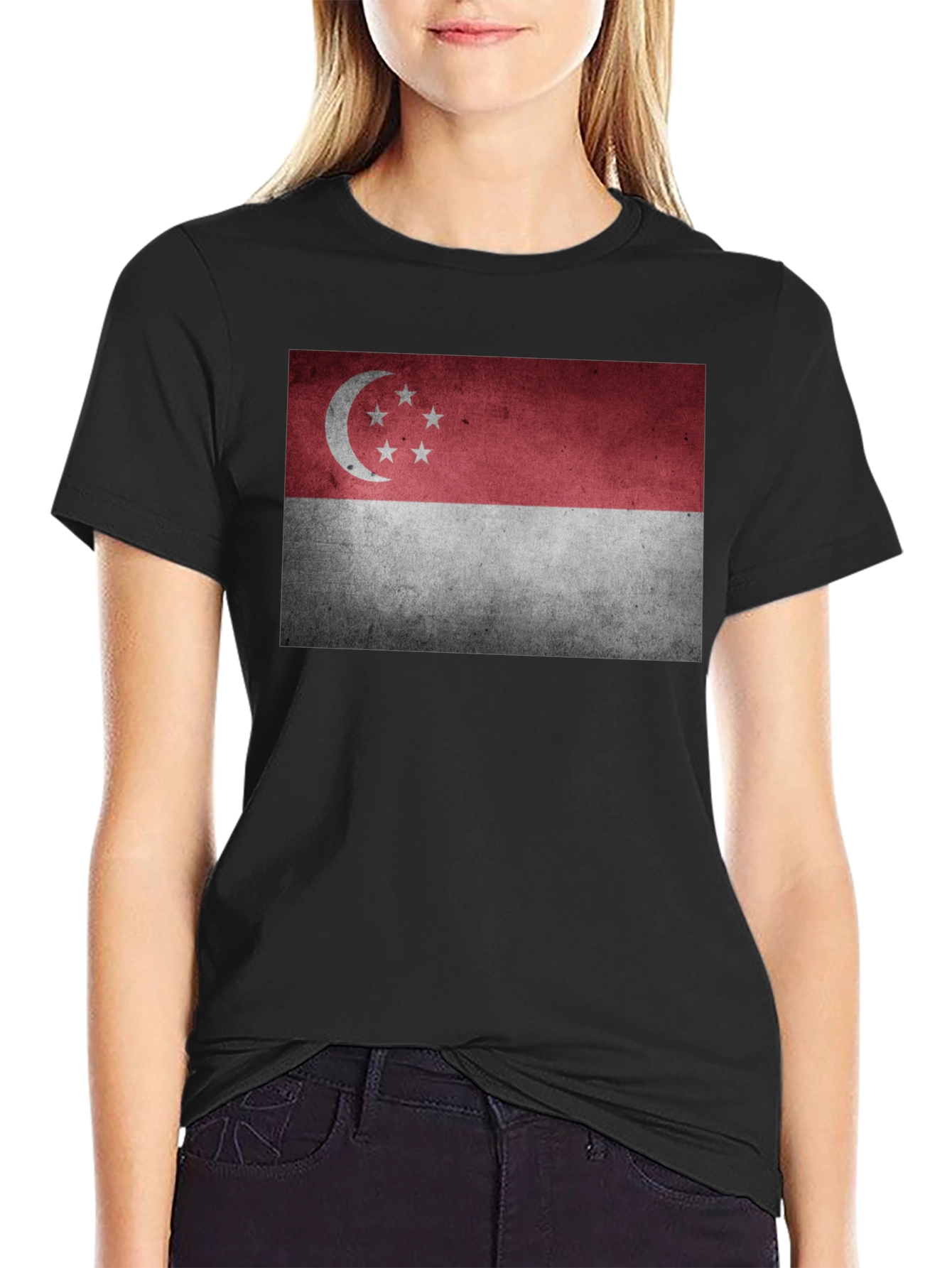 Singapore Flag Graphic Tee - Black Crew Neck T-Shirt