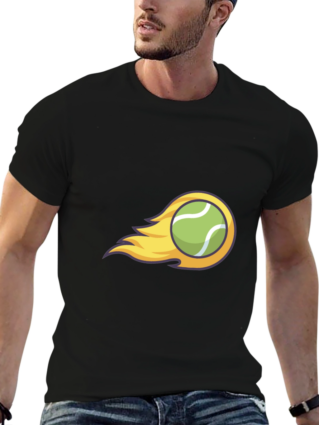 Flaming Tennis Ball Graphic Tee - Cool Black T-Shirt