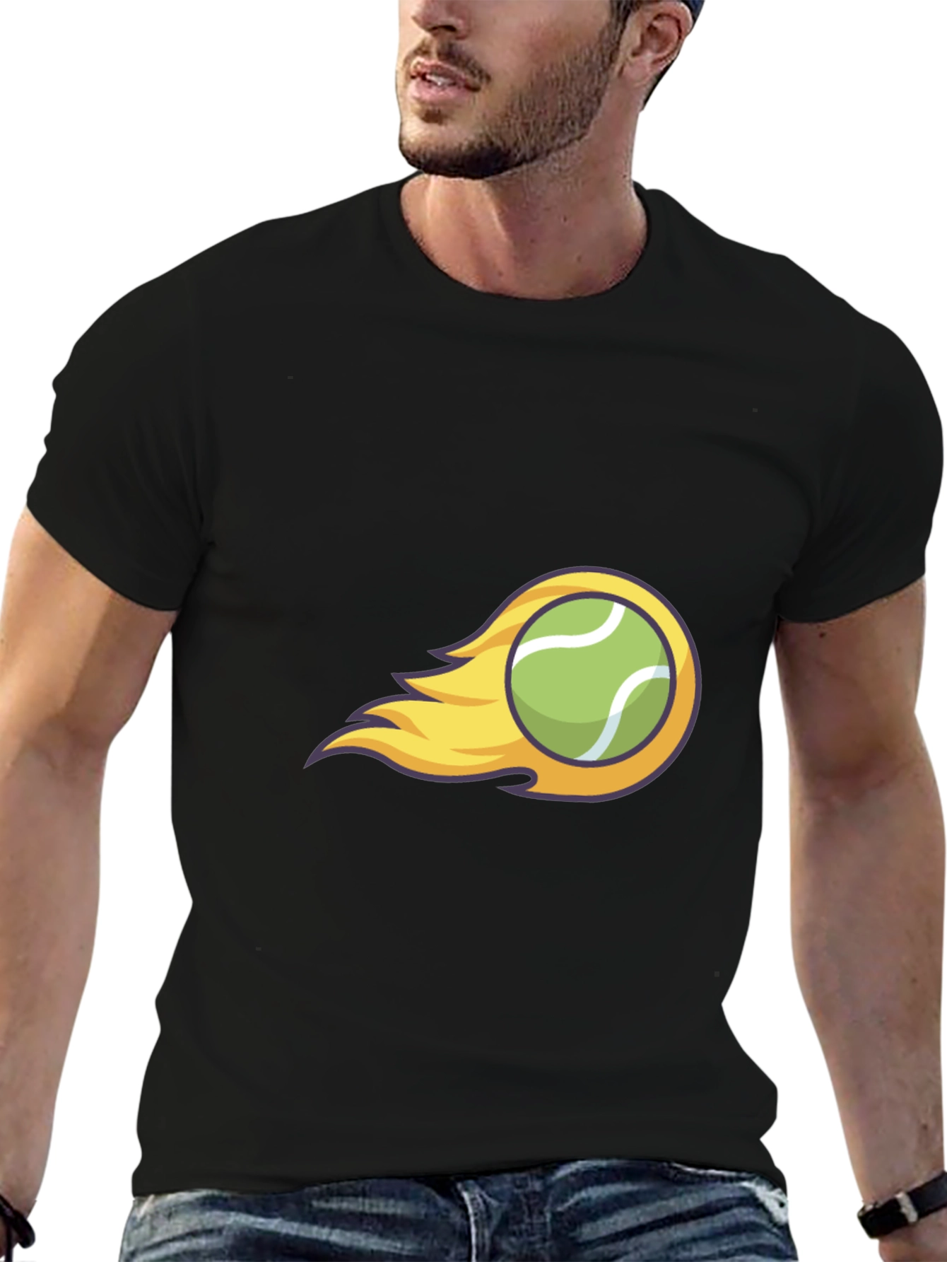 Flaming Tennis Ball Graphic Tee - Cool Black T-Shirt