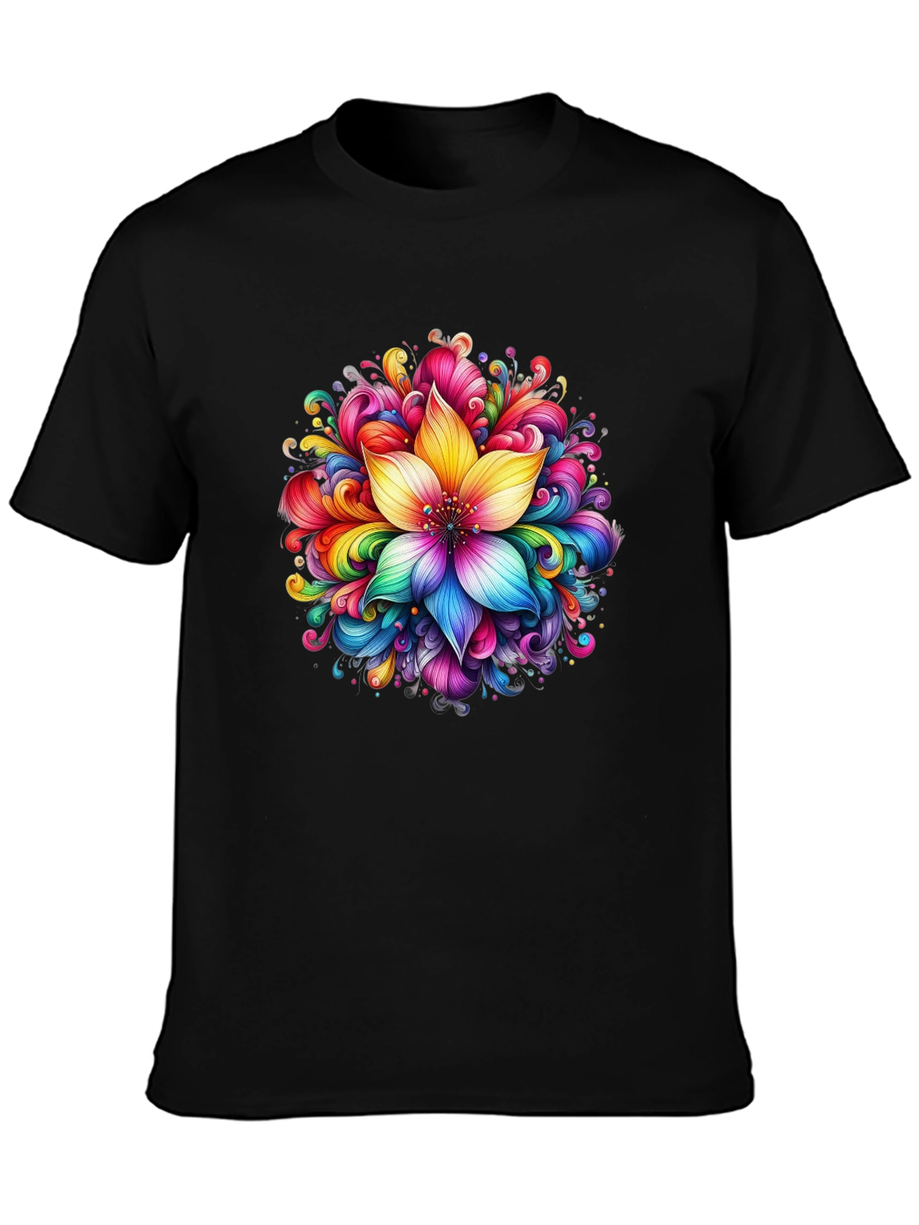 Rainbow Flower Graphic Black T-Shirt