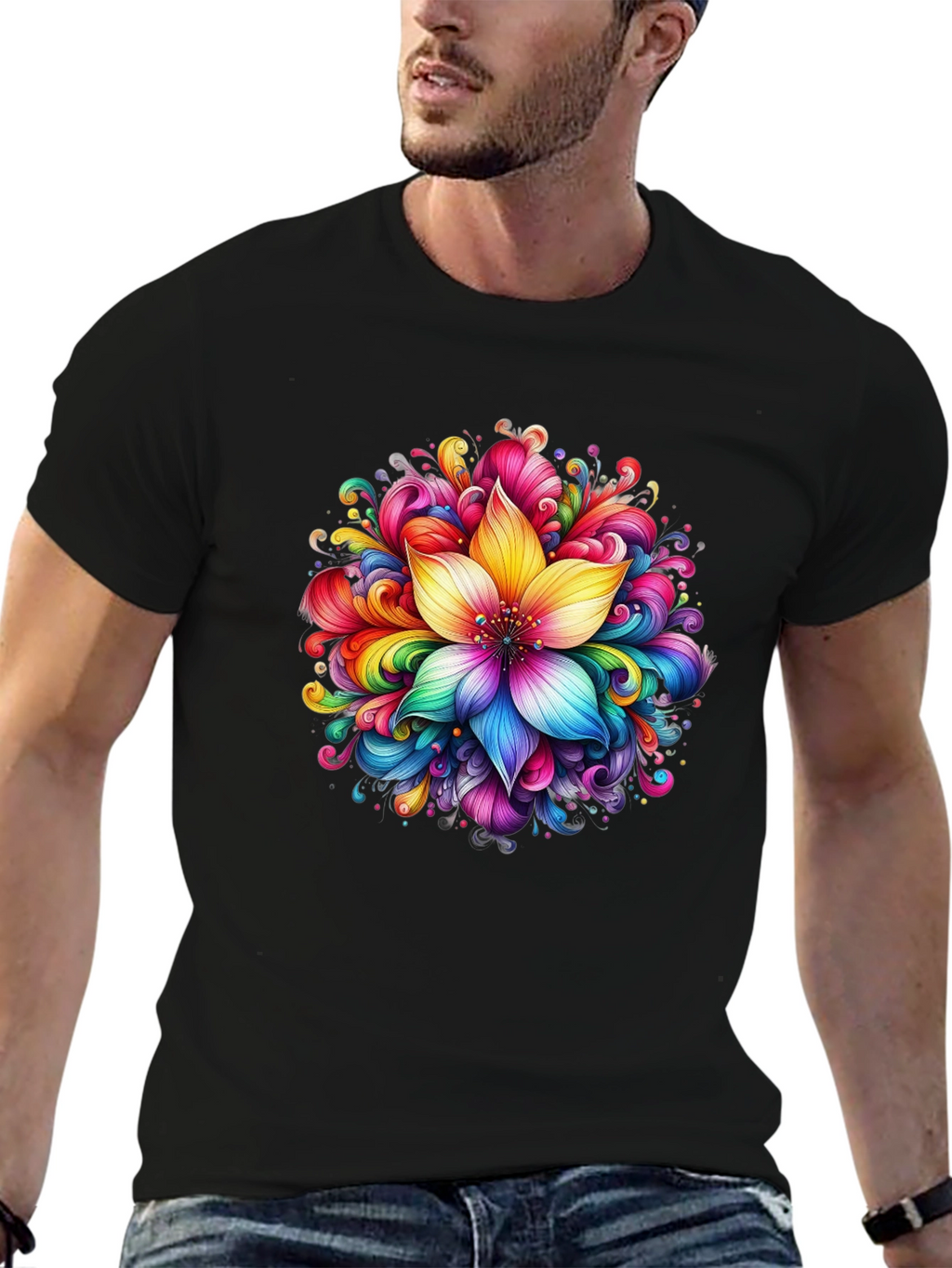 Rainbow Flower Graphic Black T-Shirt