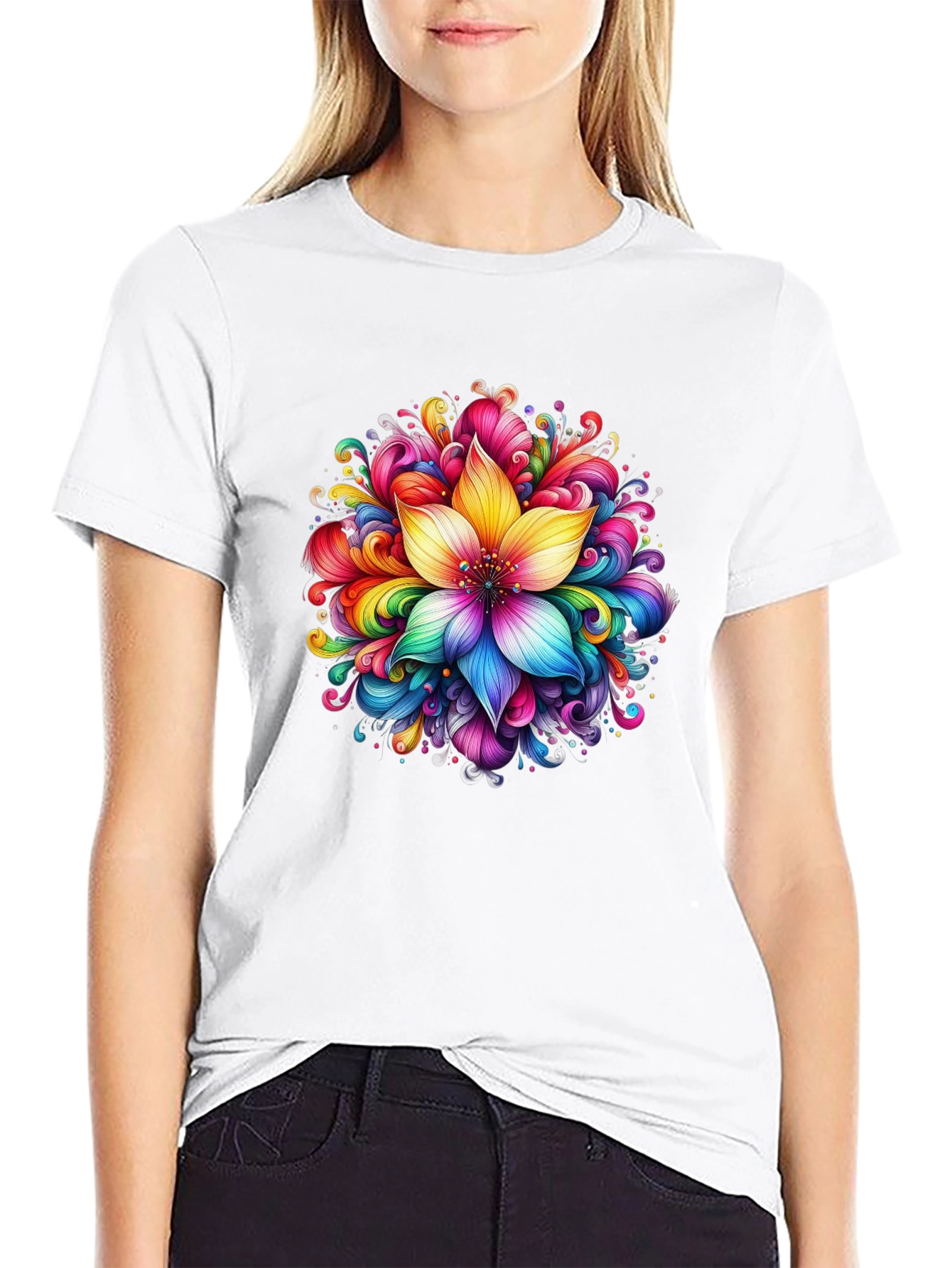 Rainbow Flower Graphic Black T-Shirt