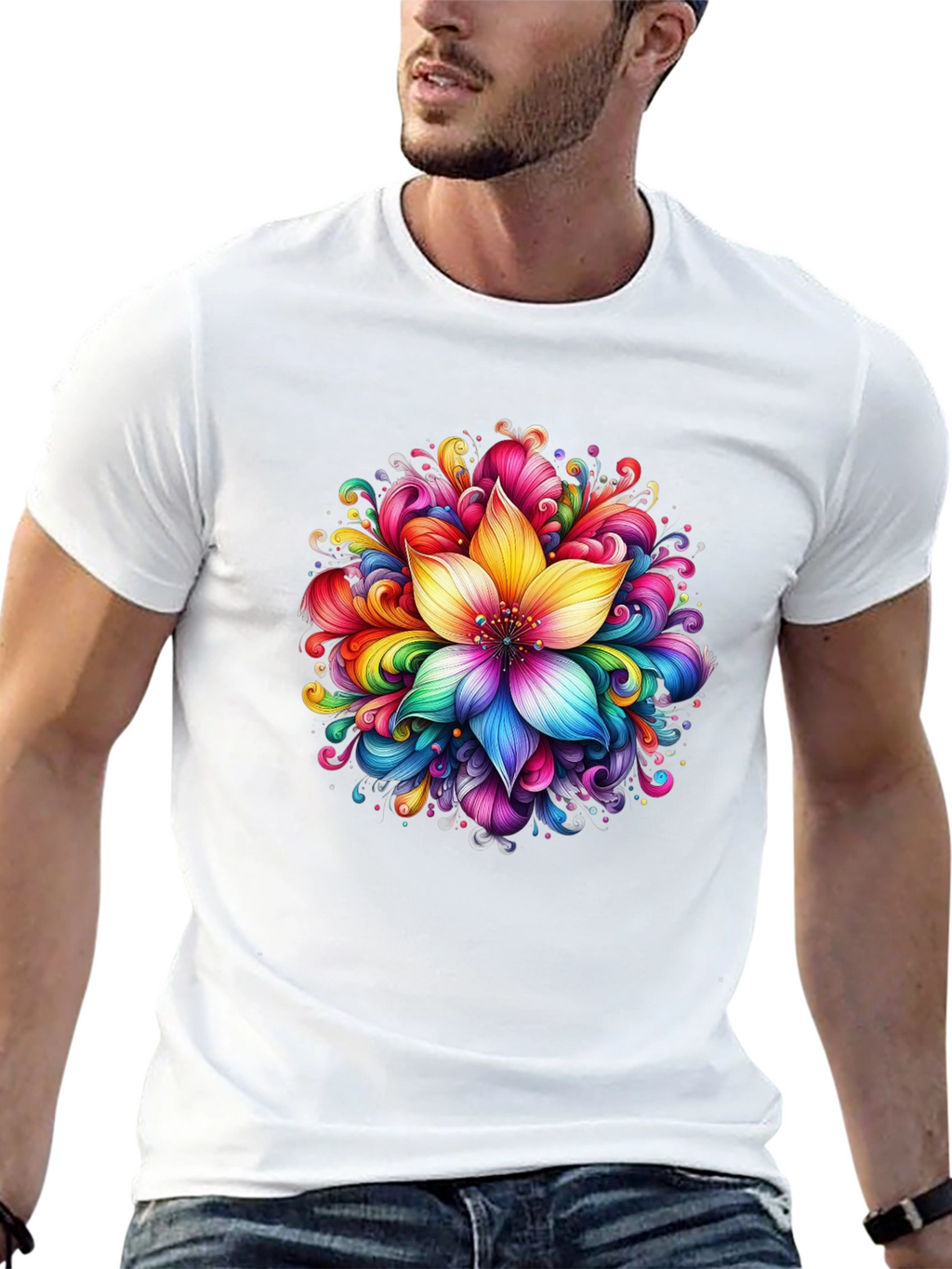 Rainbow Flower Graphic Black T-Shirt