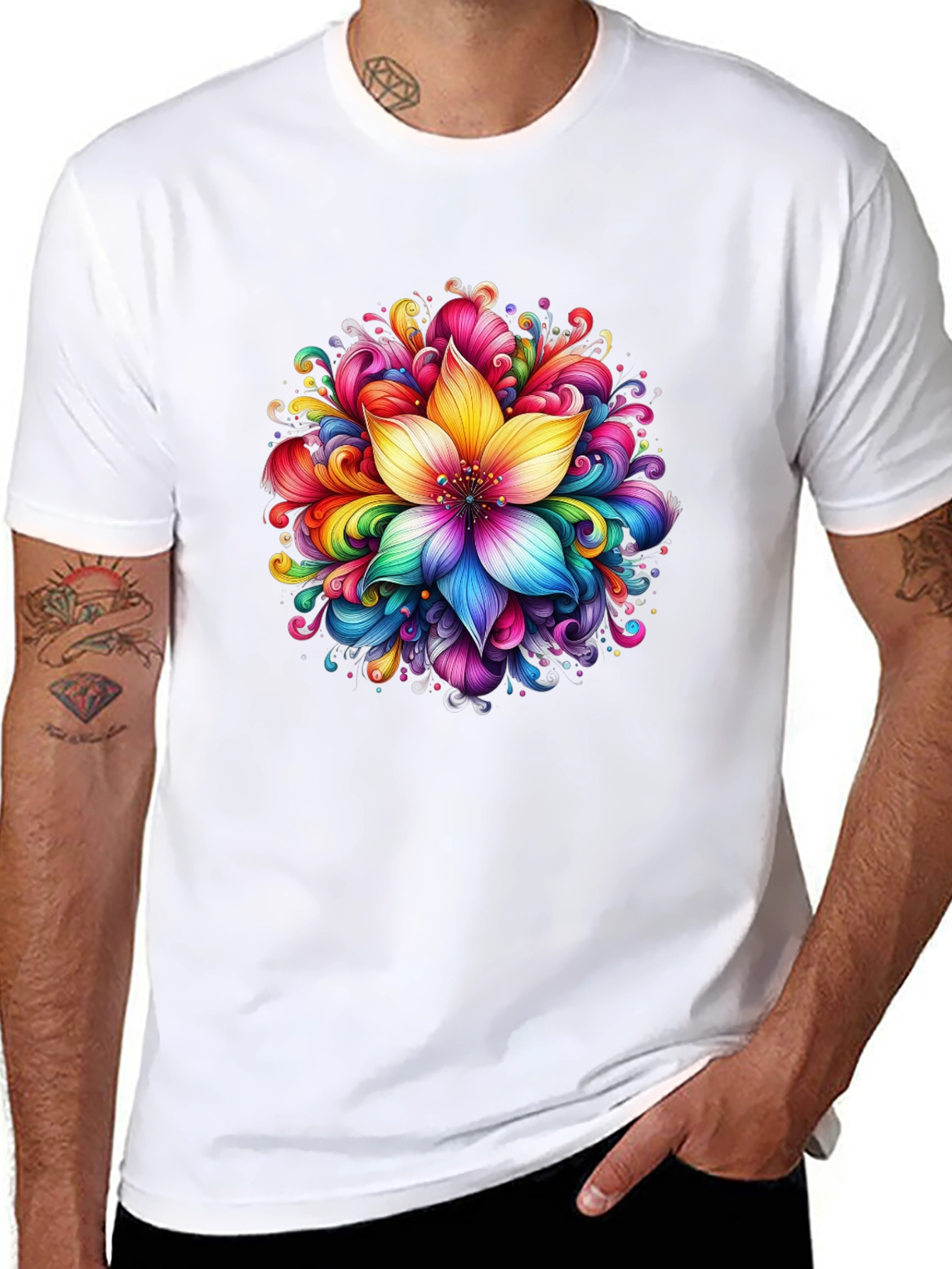 Rainbow Flower Graphic Black T-Shirt