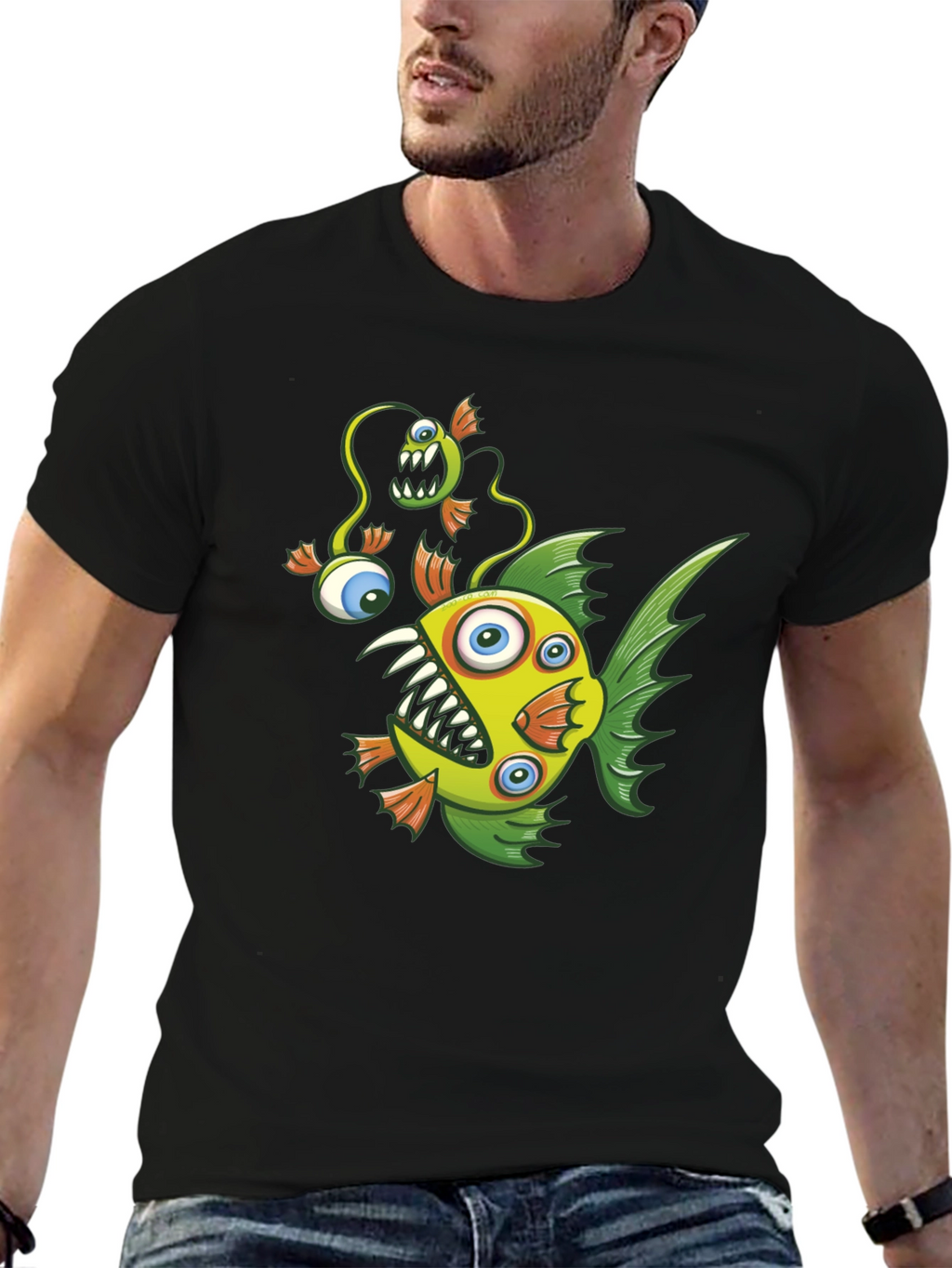 Crazy Fish Graphic Tee - Black Cotton T-Shirt