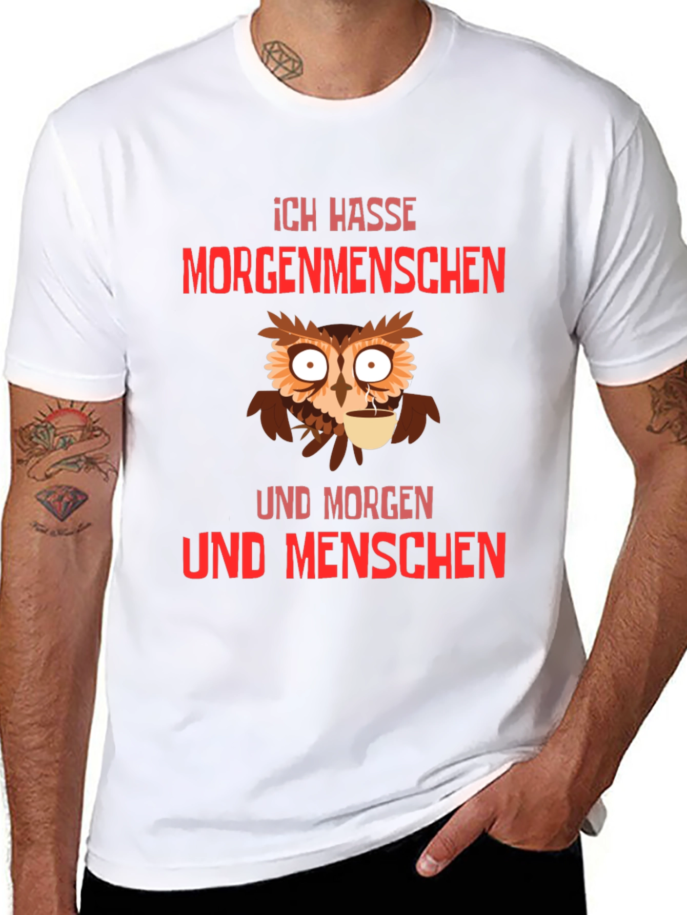Ich Hasse Morgenmenschen T-Shirt Owl Coffee