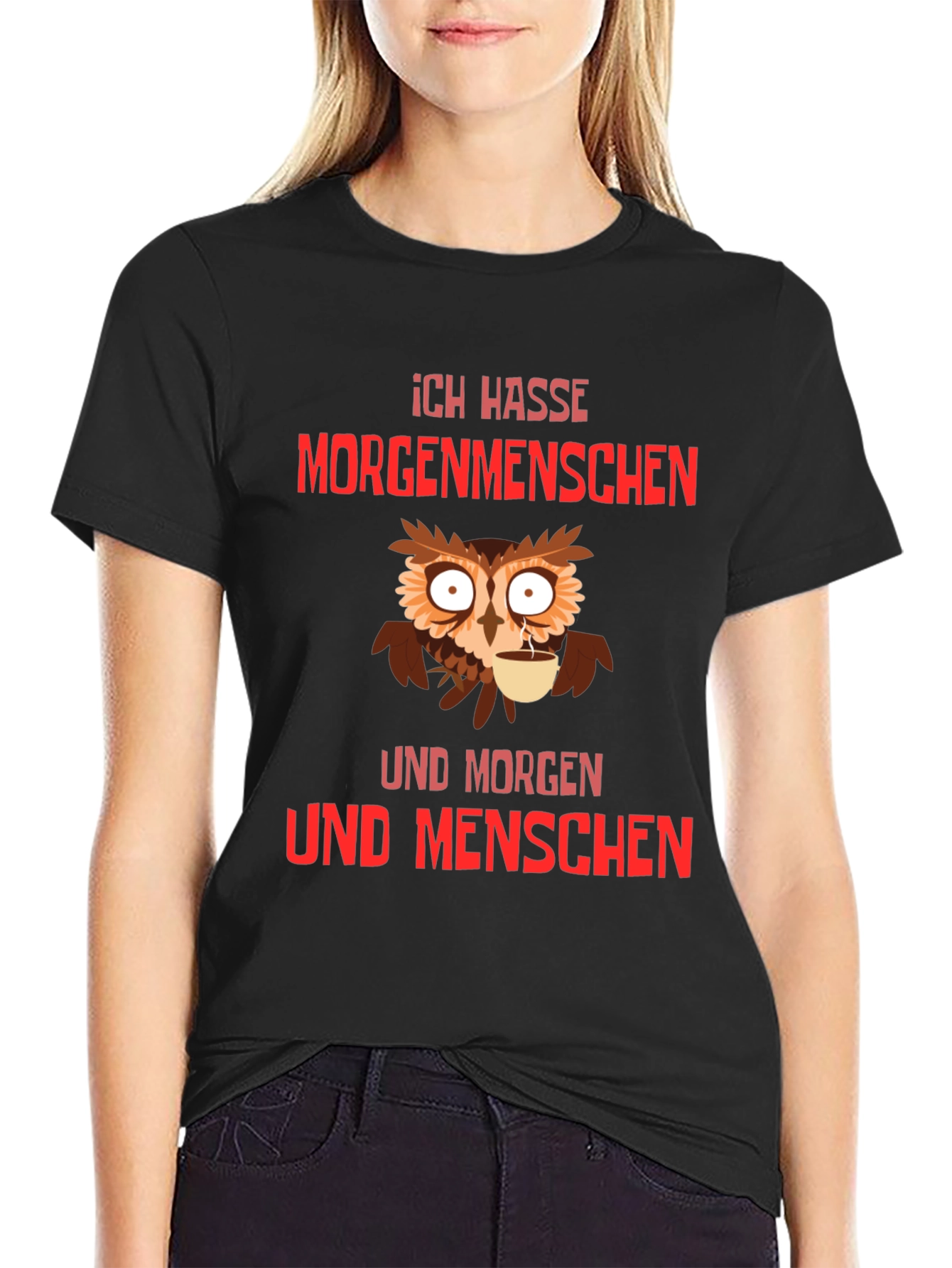 Ich Hasse Morgenmenschen T-Shirt Owl Coffee
