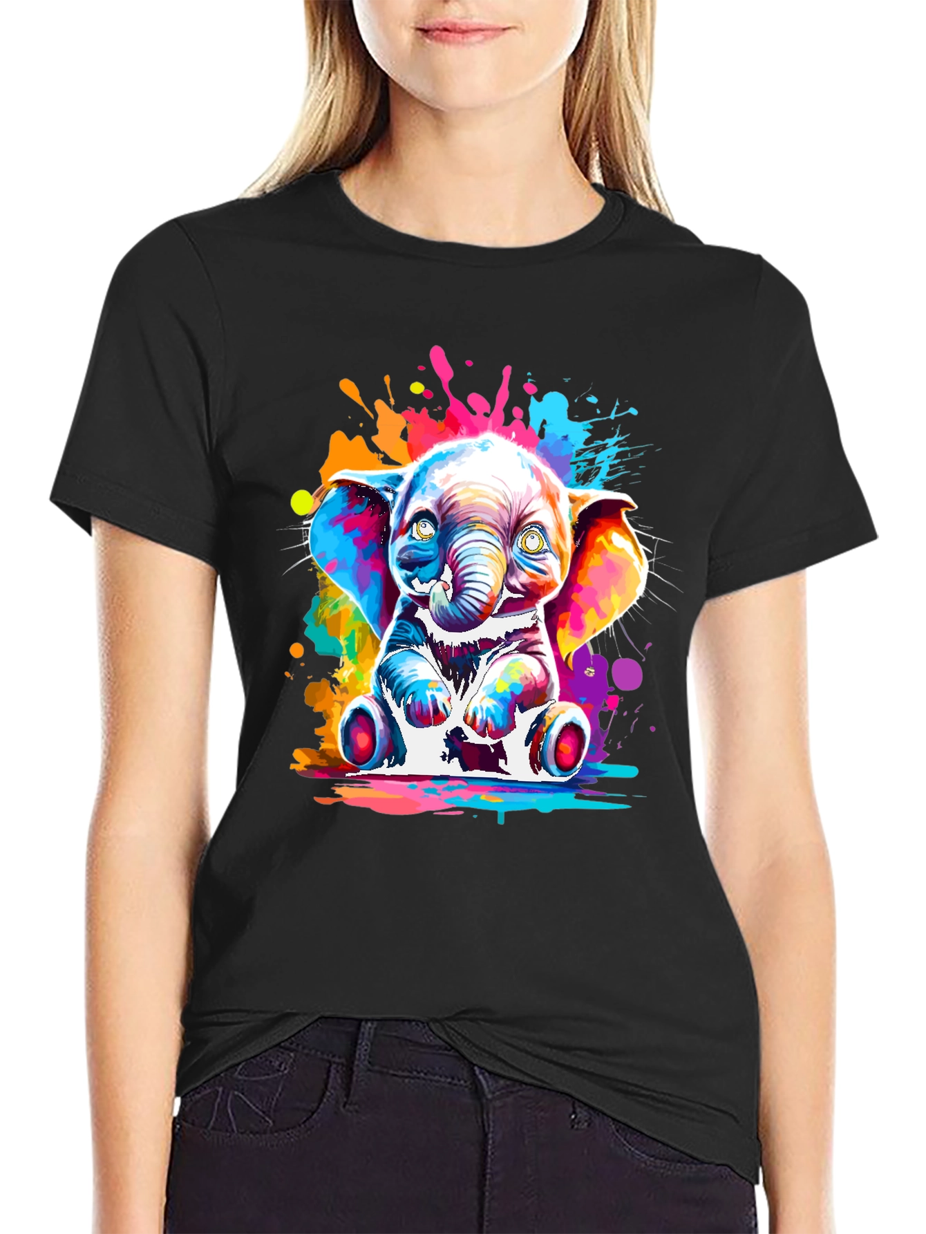 Colorful Elephant Graphic Tee - Mens Black T-Shirt