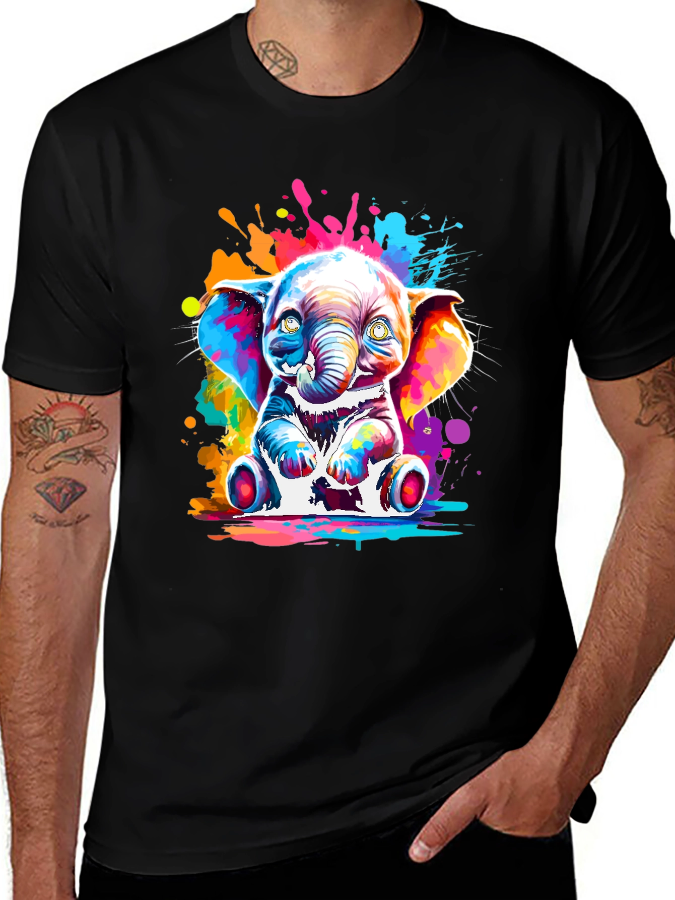 Colorful Elephant Graphic Tee - Mens Black T-Shirt