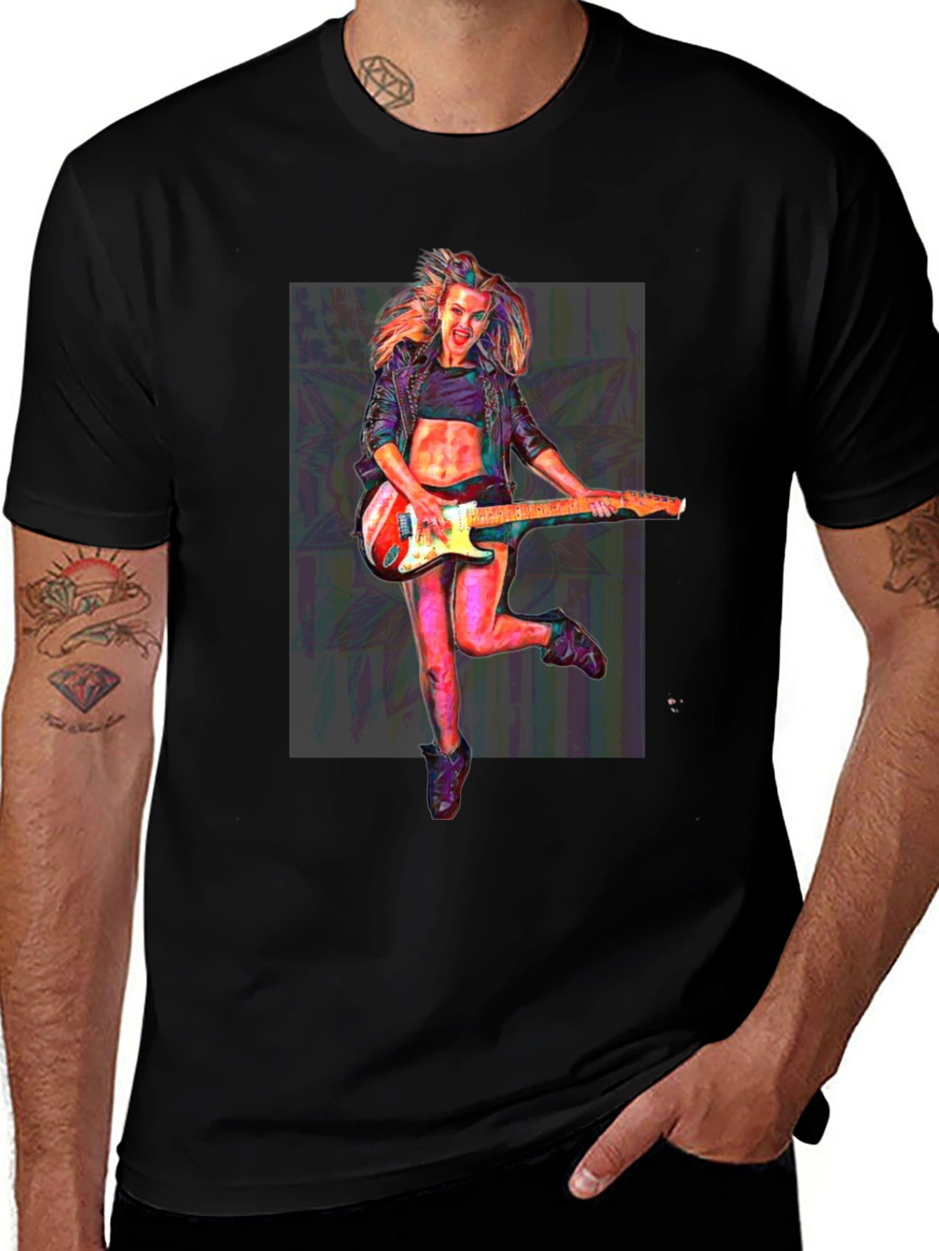 Guitar Girl Graphic T-Shirt - Black Crew Neck Tee