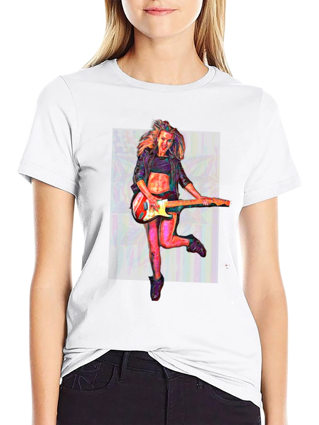 Guitar Girl Graphic T-Shirt - Black Crew Neck Tee