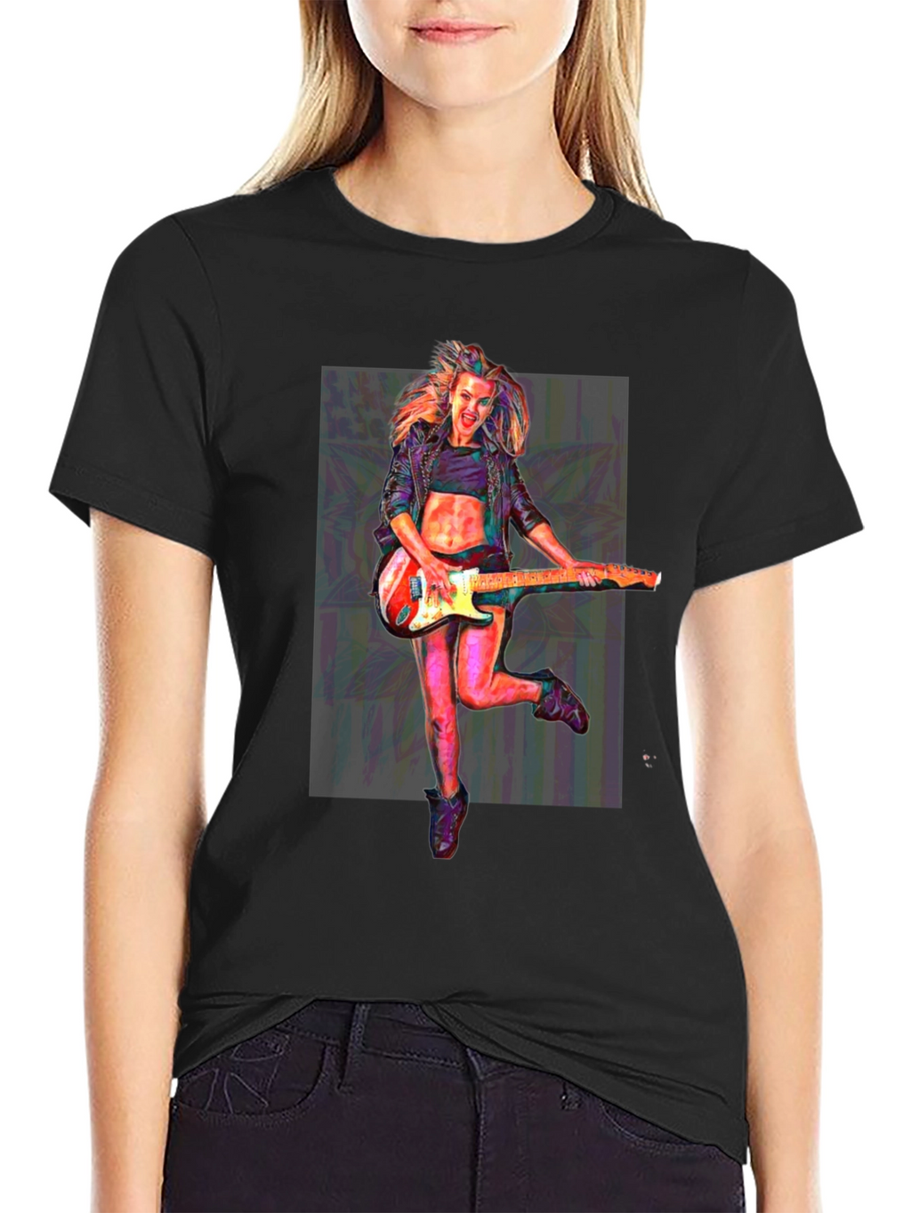 Guitar Girl Graphic T-Shirt - Black Crew Neck Tee