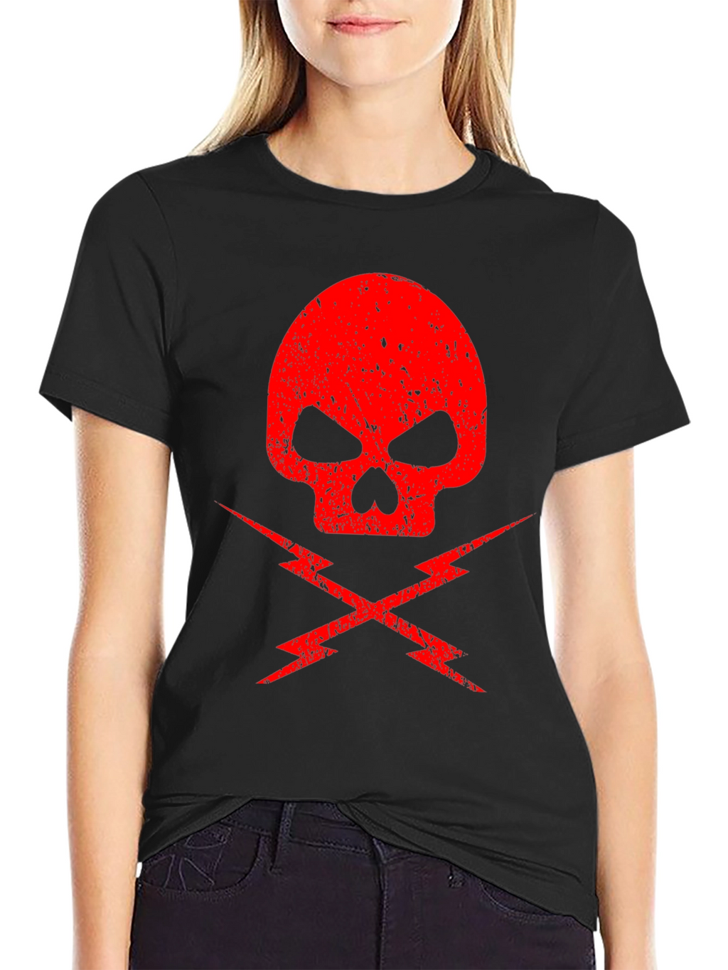 Red Skull & Lightning Bolt Graphic Black T-Shirt