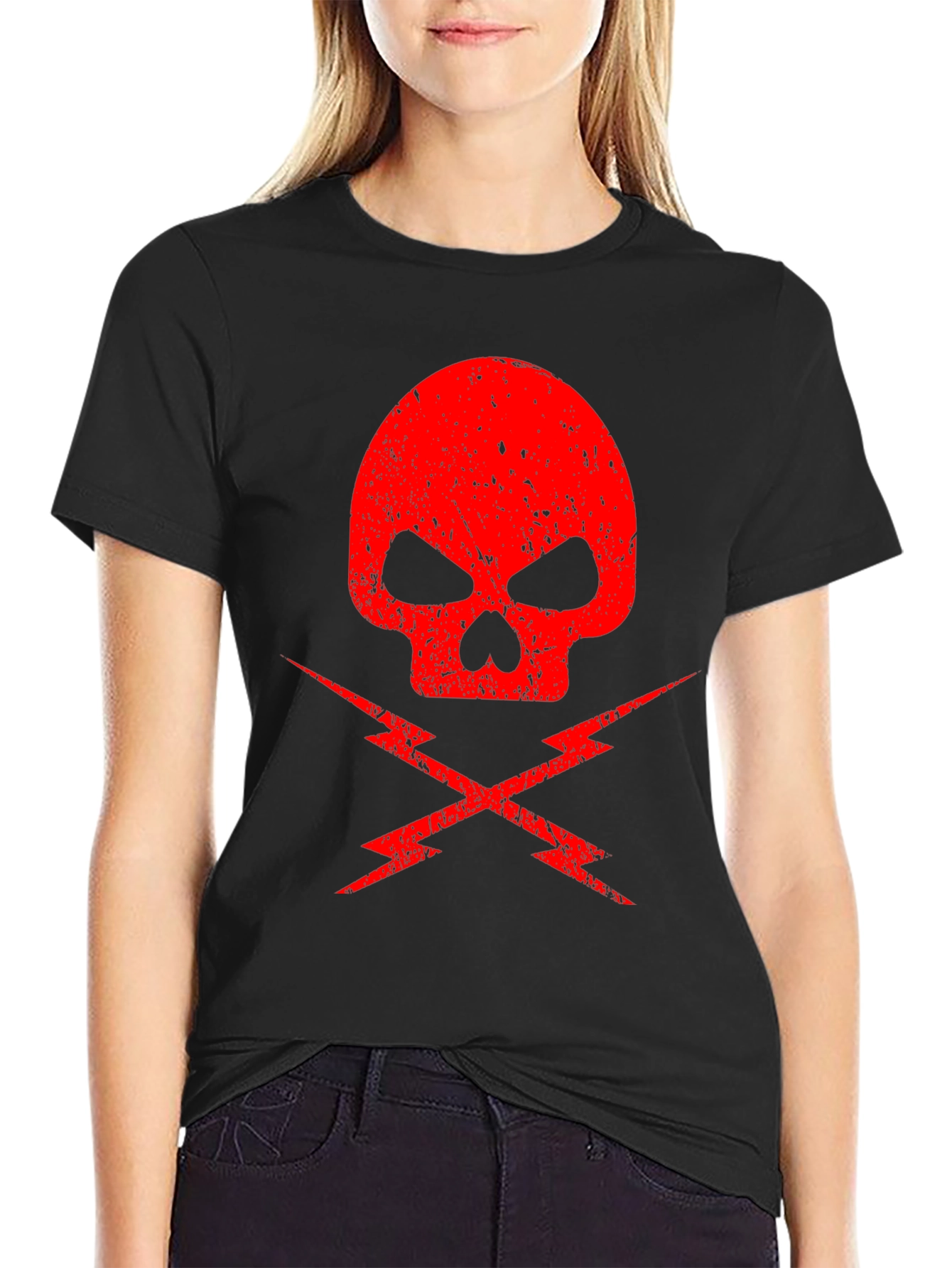 Red Skull & Lightning Bolt Graphic Black T-Shirt