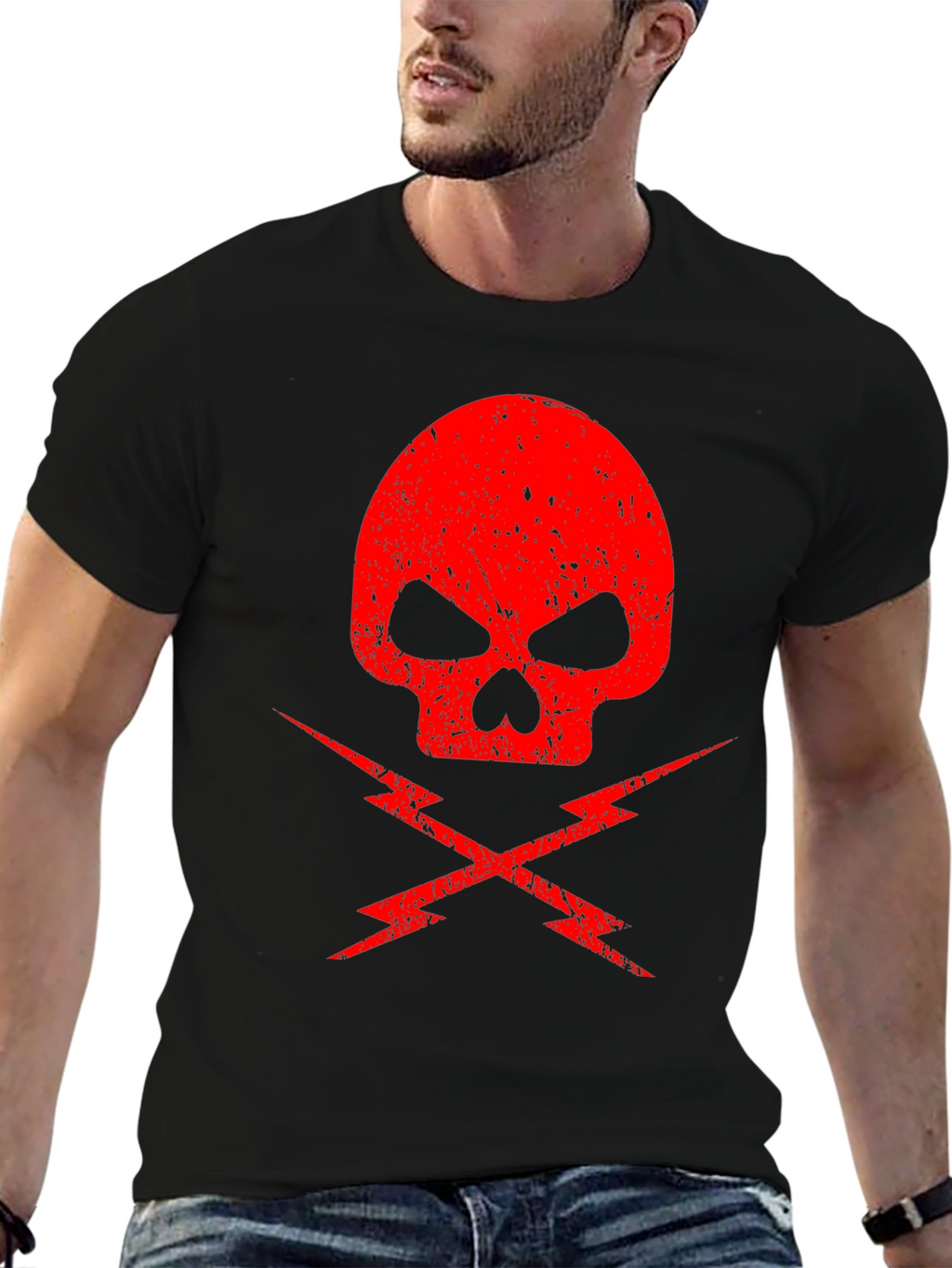 Red Skull & Lightning Bolt Graphic Black T-Shirt