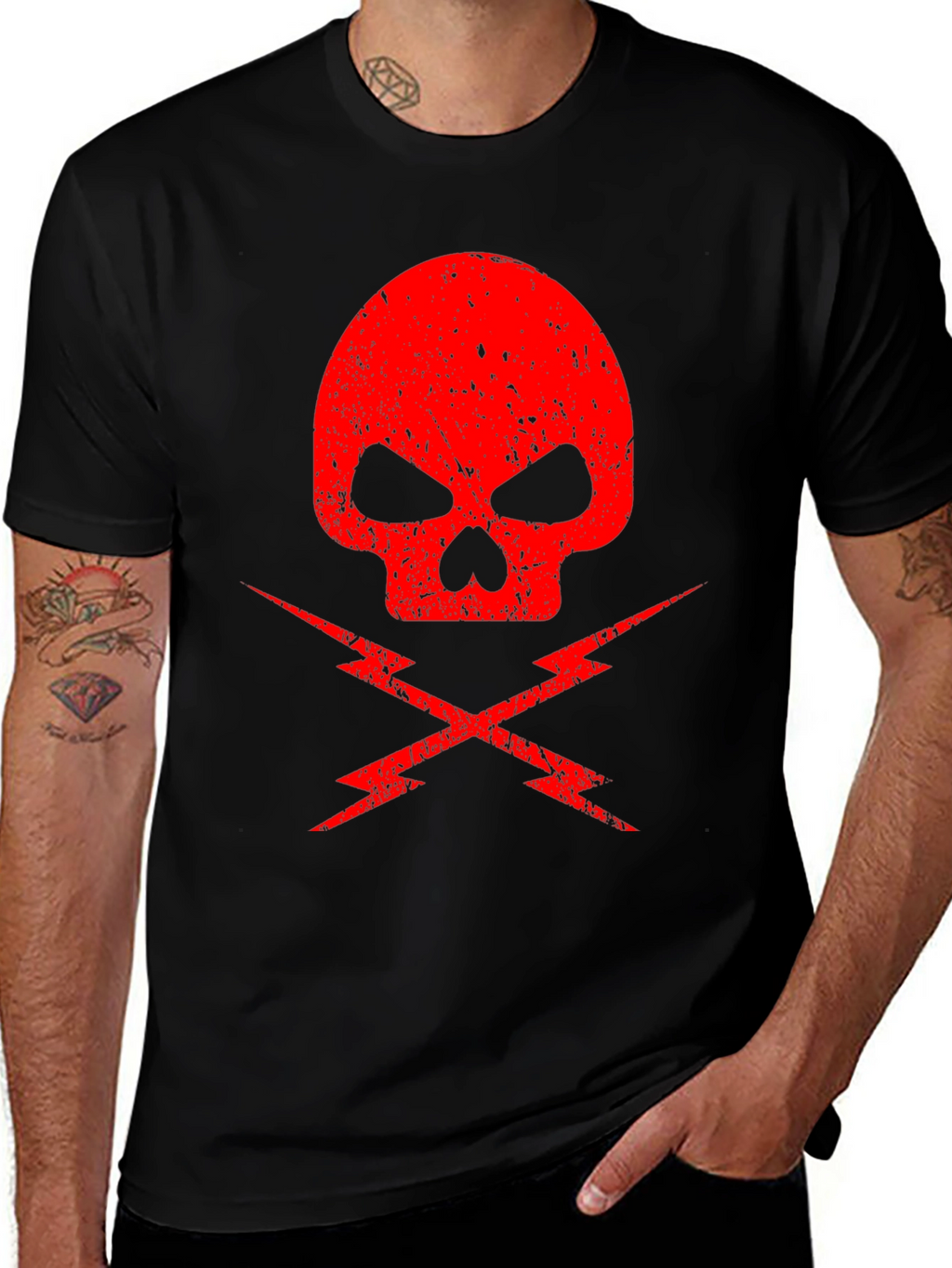 Red Skull & Lightning Bolt Graphic Black T-Shirt