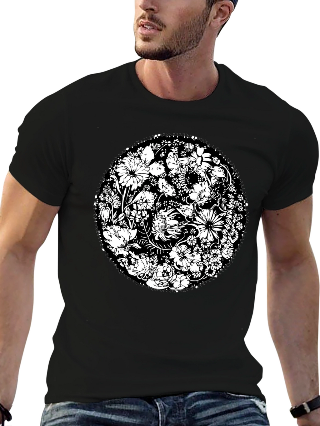Floral Mandala Graphic Print Black T-Shirt