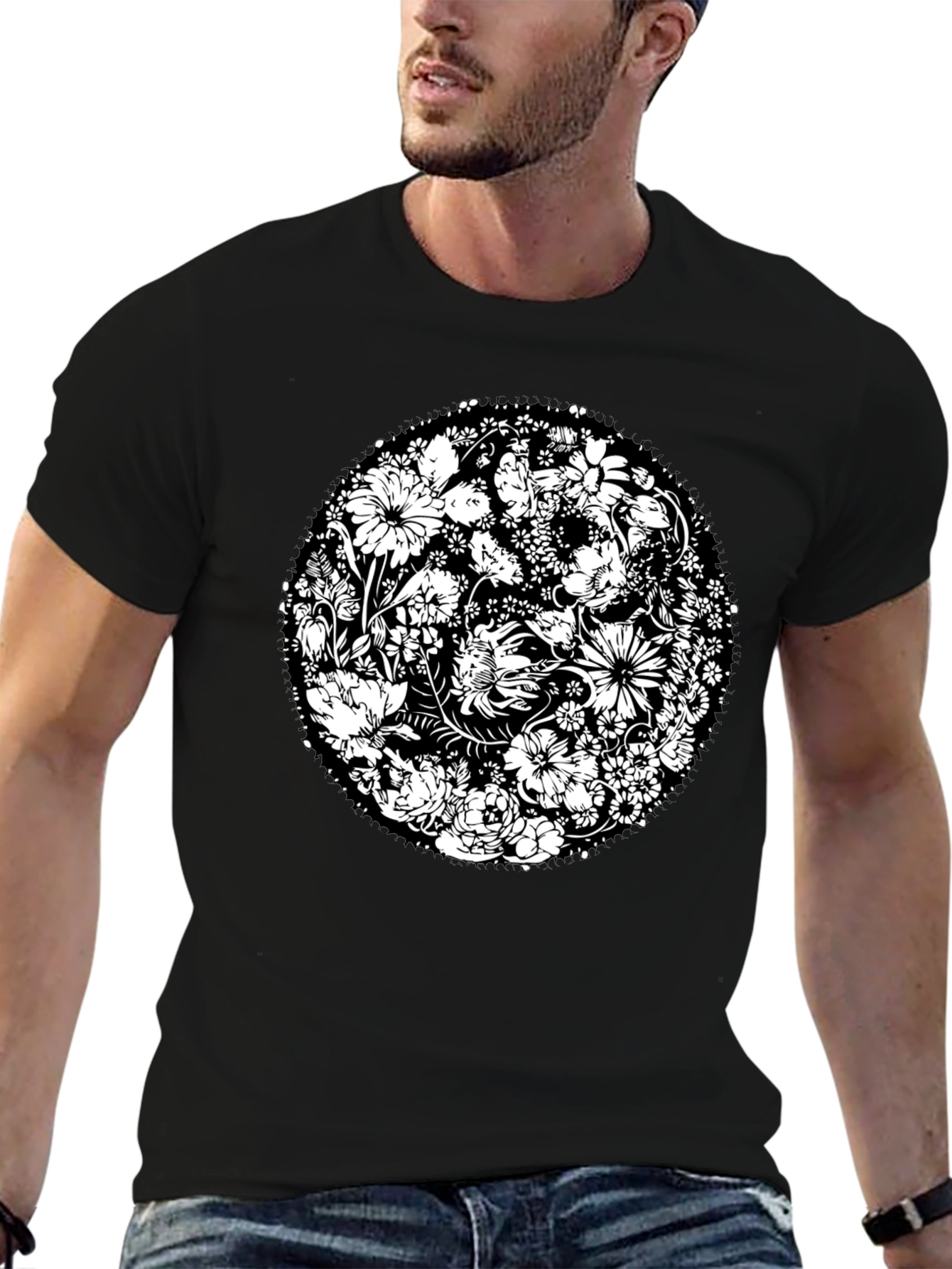 Floral Mandala Graphic Print Black T-Shirt
