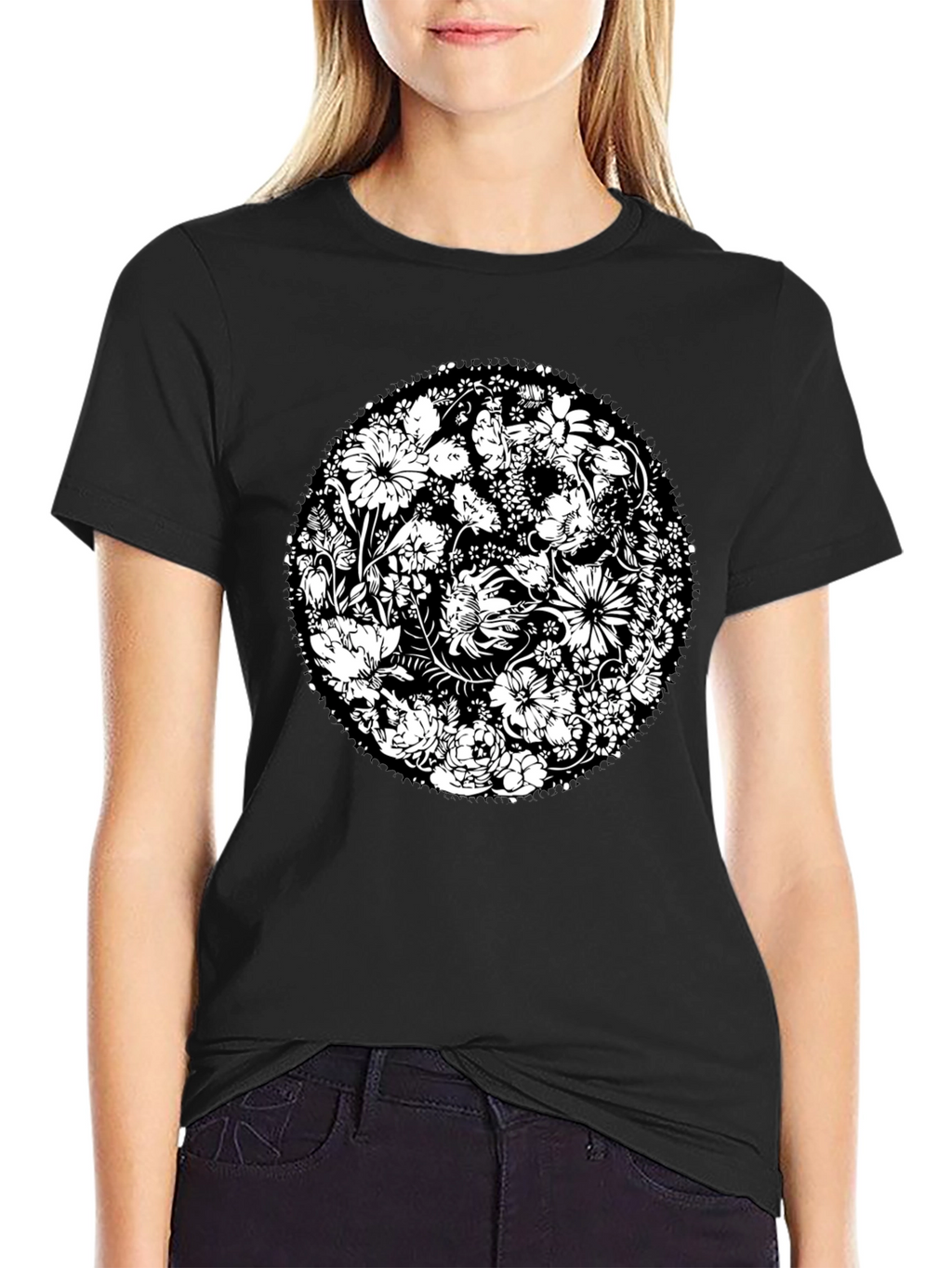 Floral Mandala Graphic Print Black T-Shirt