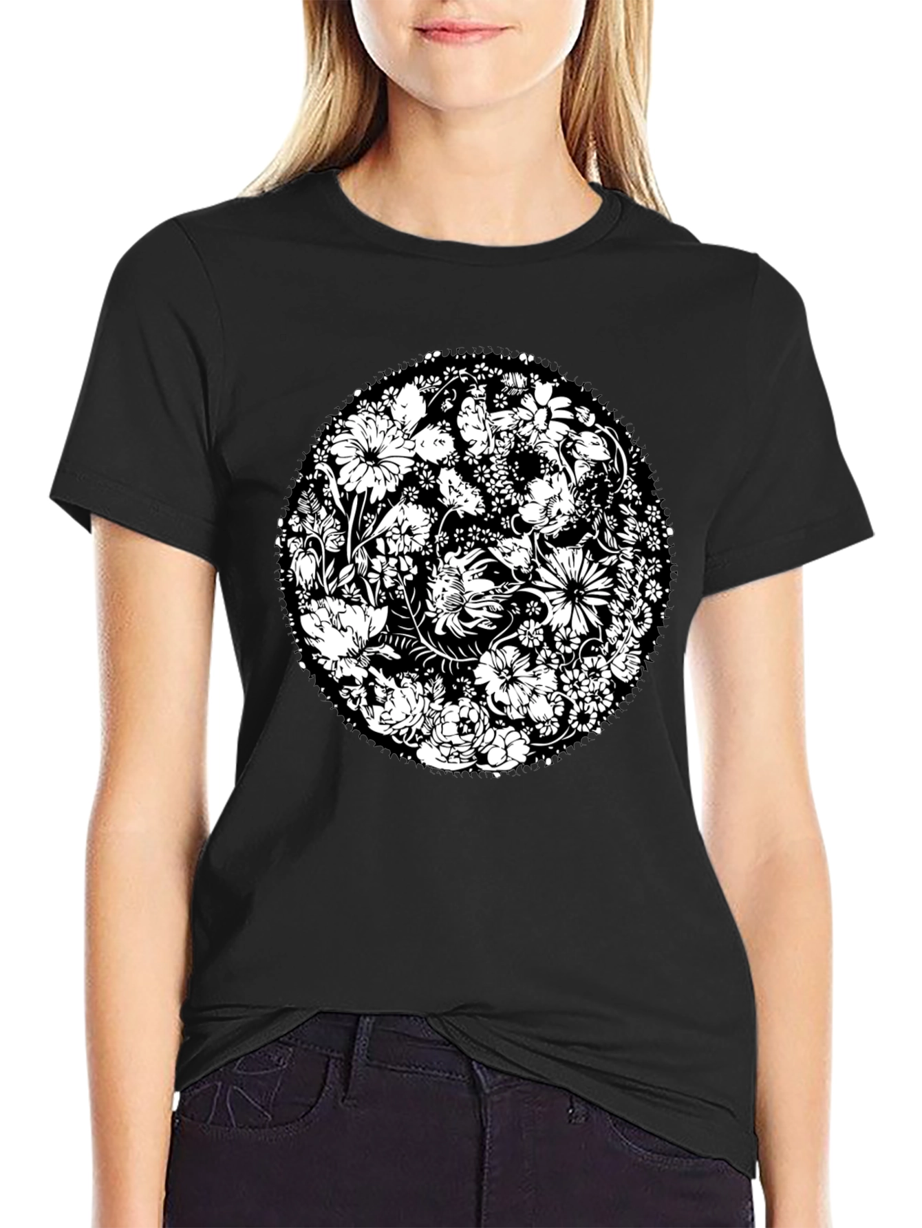 Floral Mandala Graphic Print Black T-Shirt