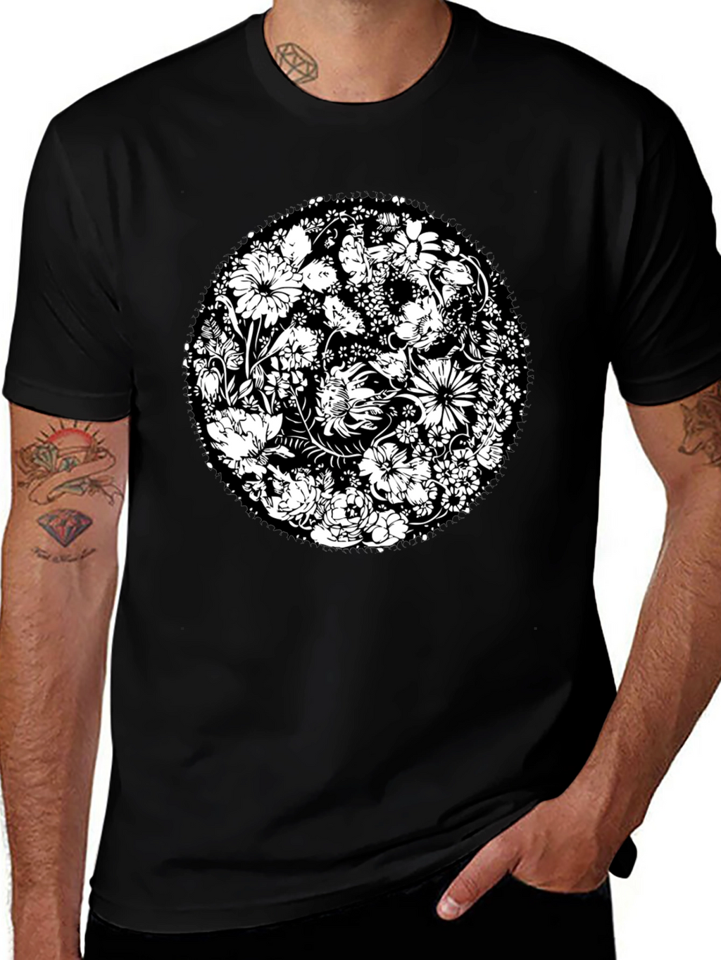 Floral Mandala Graphic Print Black T-Shirt