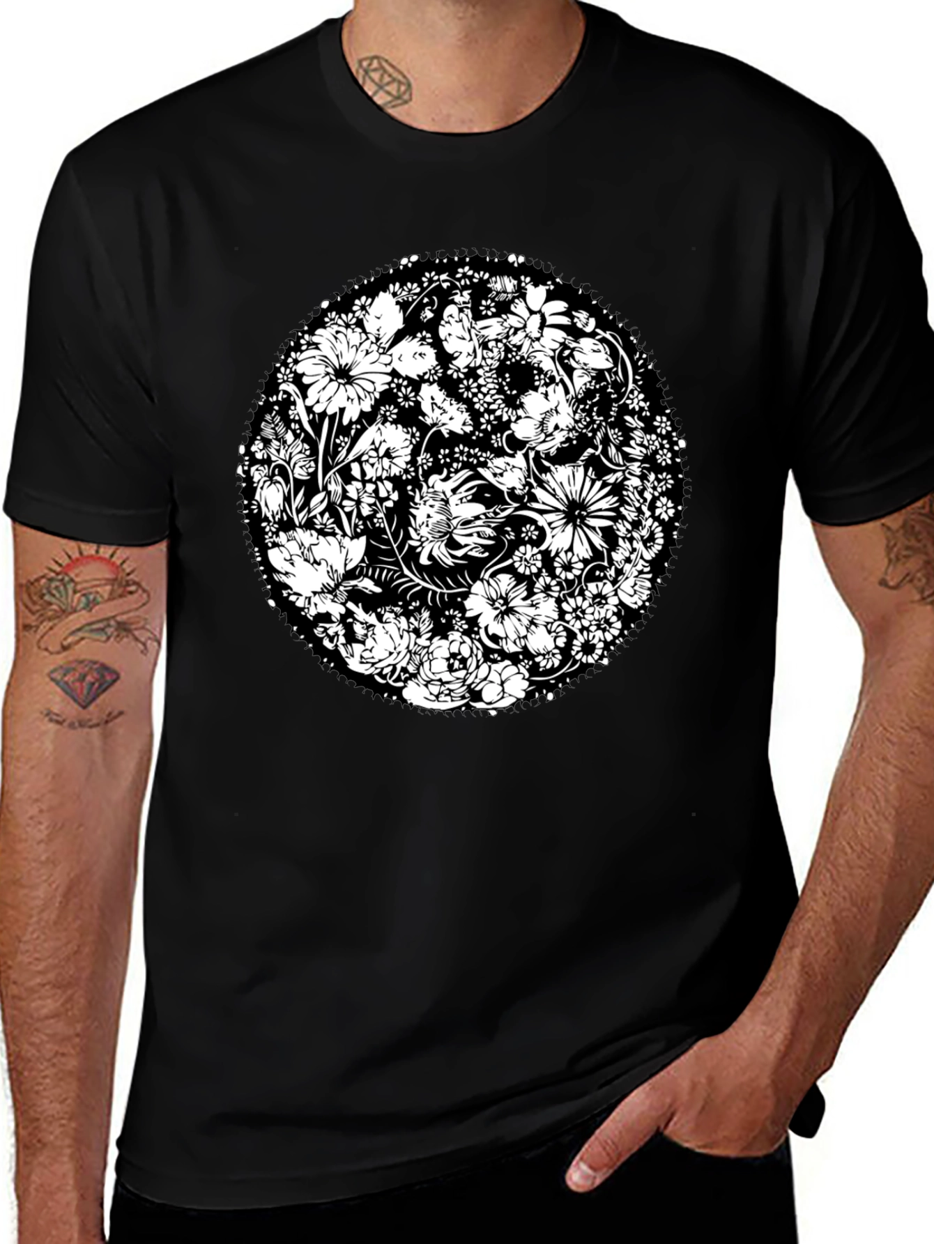 Floral Mandala Graphic Print Black T-Shirt