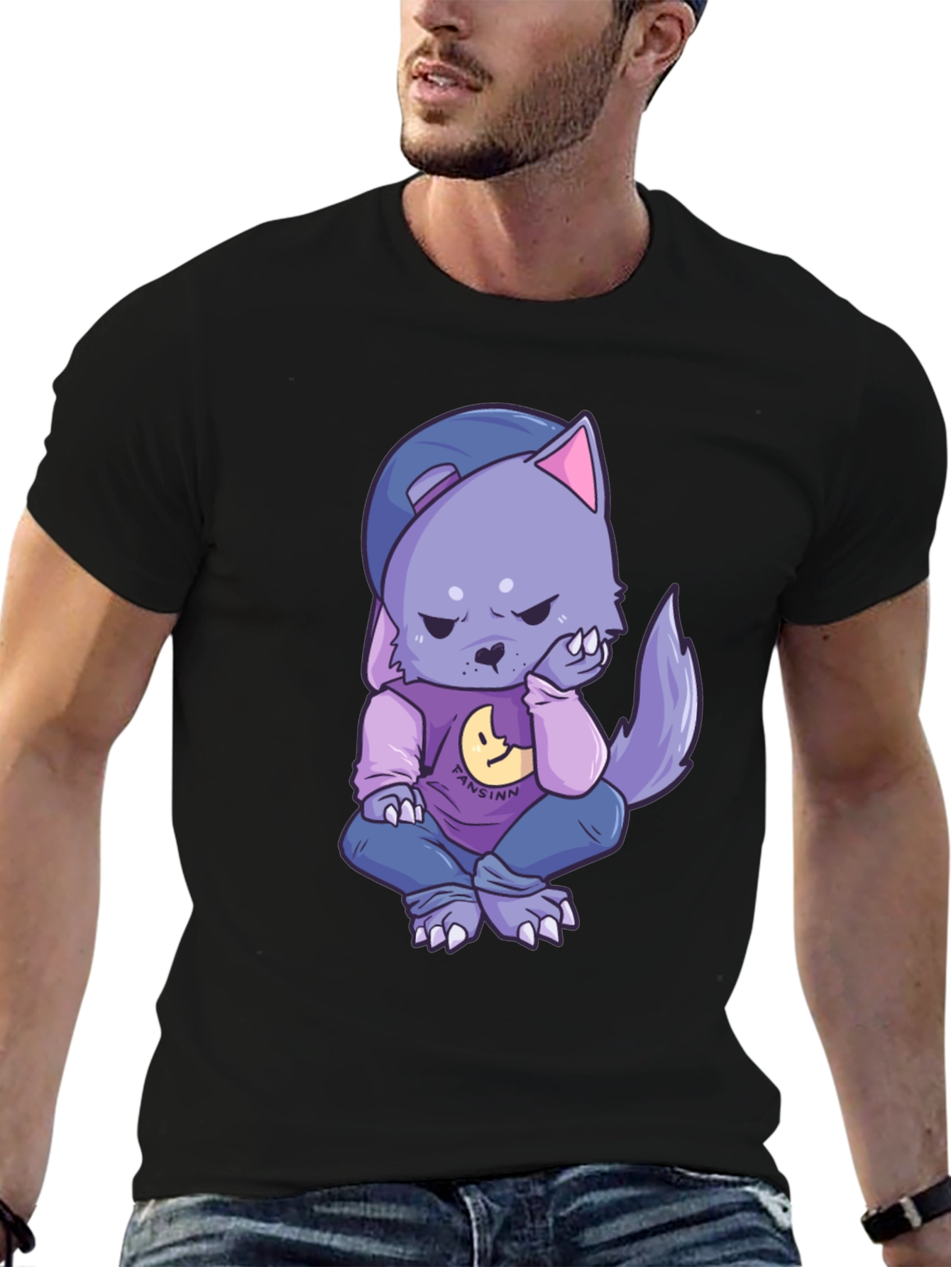 Cartoon Wolf Graphic Black T-Shirt