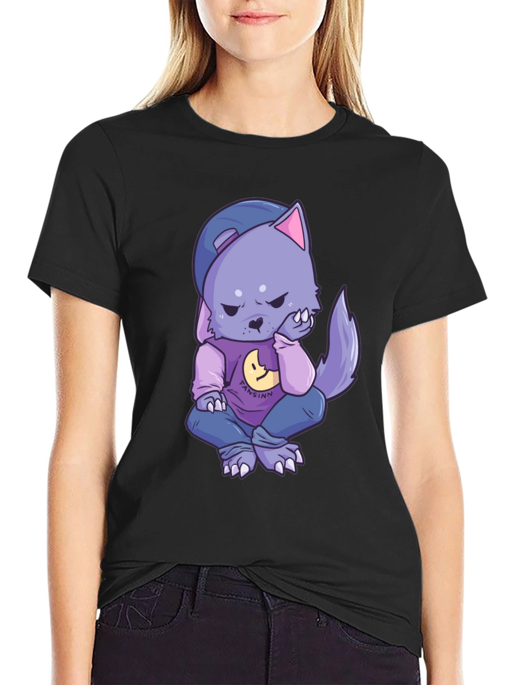 Cartoon Wolf Graphic Black T-Shirt