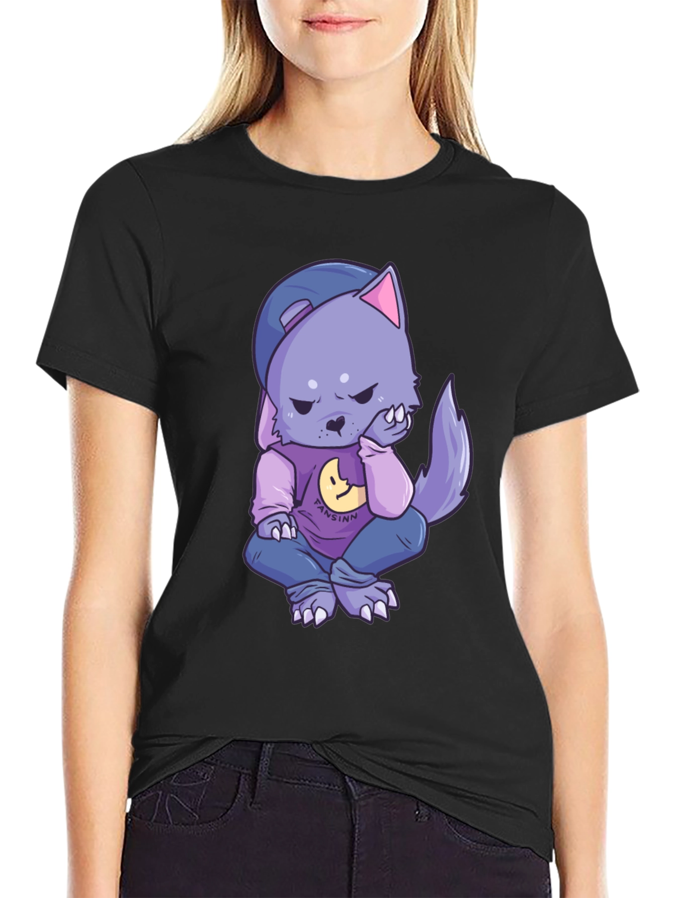 Cartoon Wolf Graphic Black T-Shirt