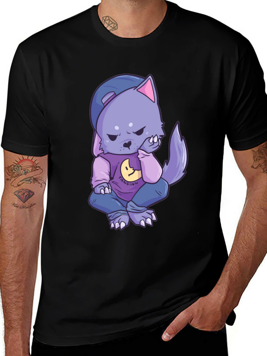Cartoon Wolf Graphic Black T-Shirt