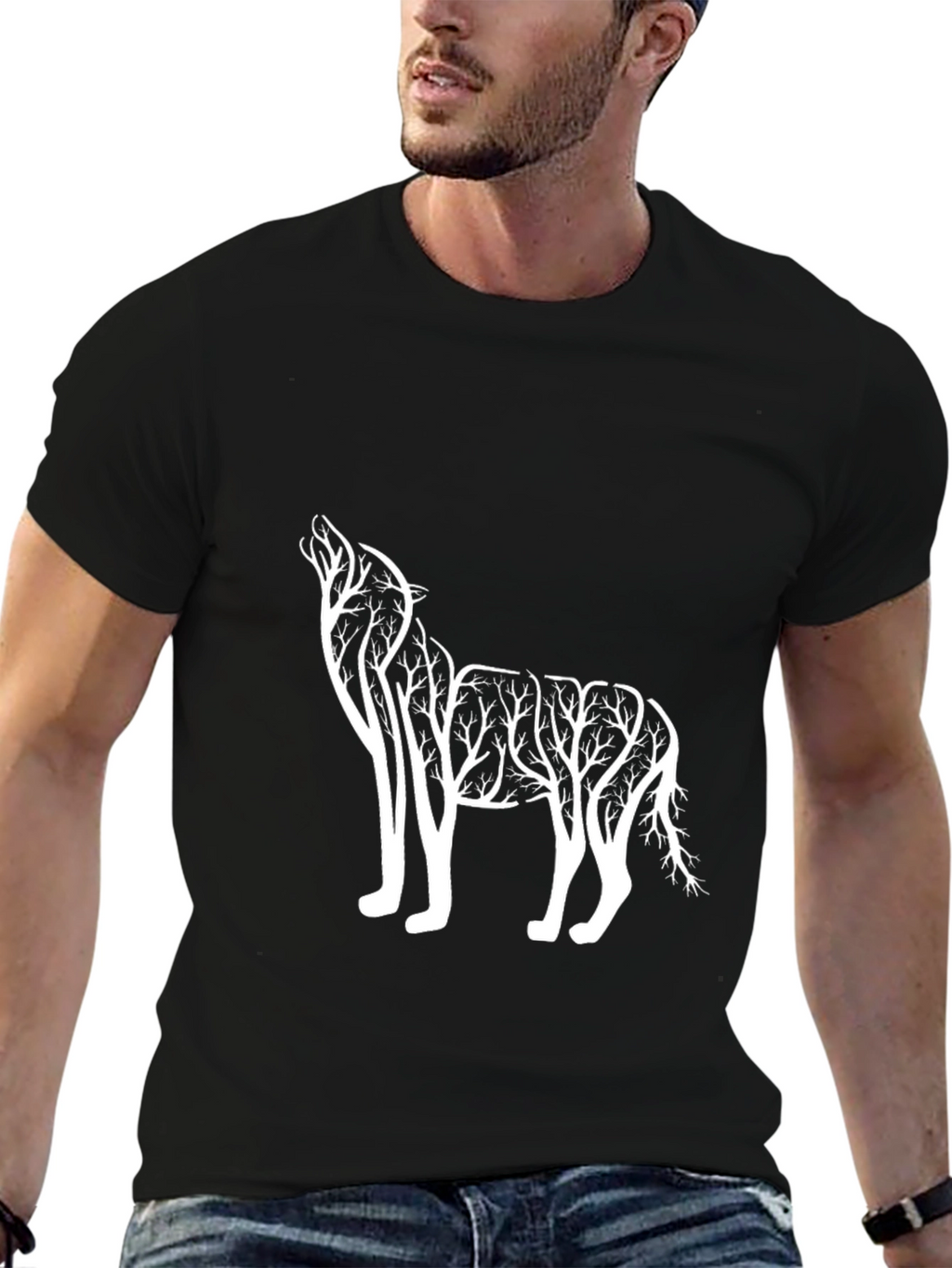 Wolf Tree Graphic Tee - Black Cotton T-Shirt