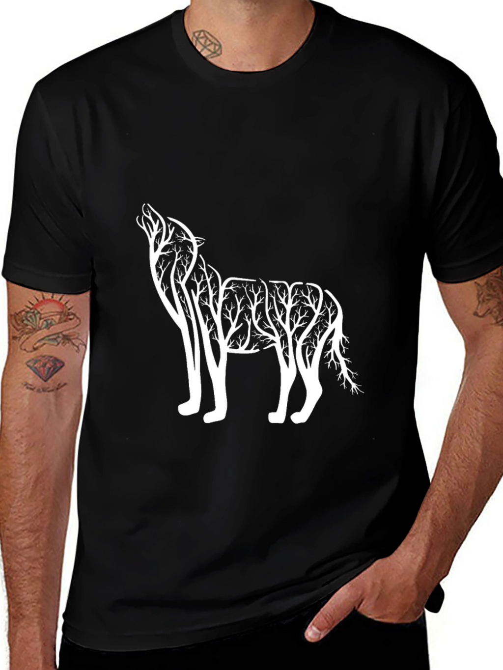 Wolf Tree Graphic Tee - Black Cotton T-Shirt