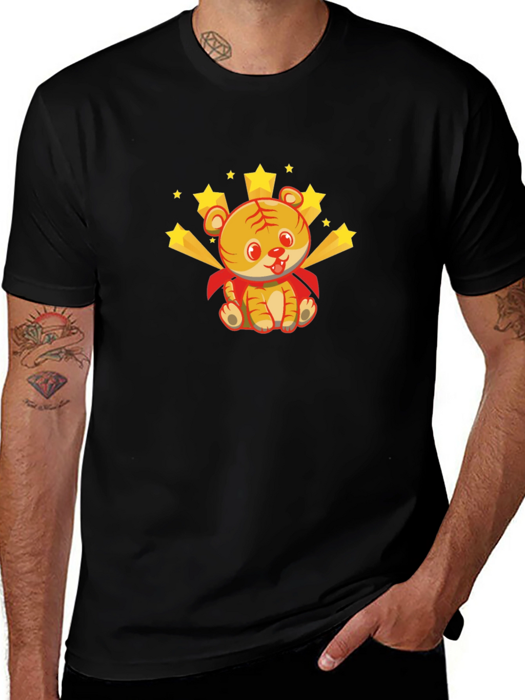 Cute Tiger Superhero Graphic Tee - Black