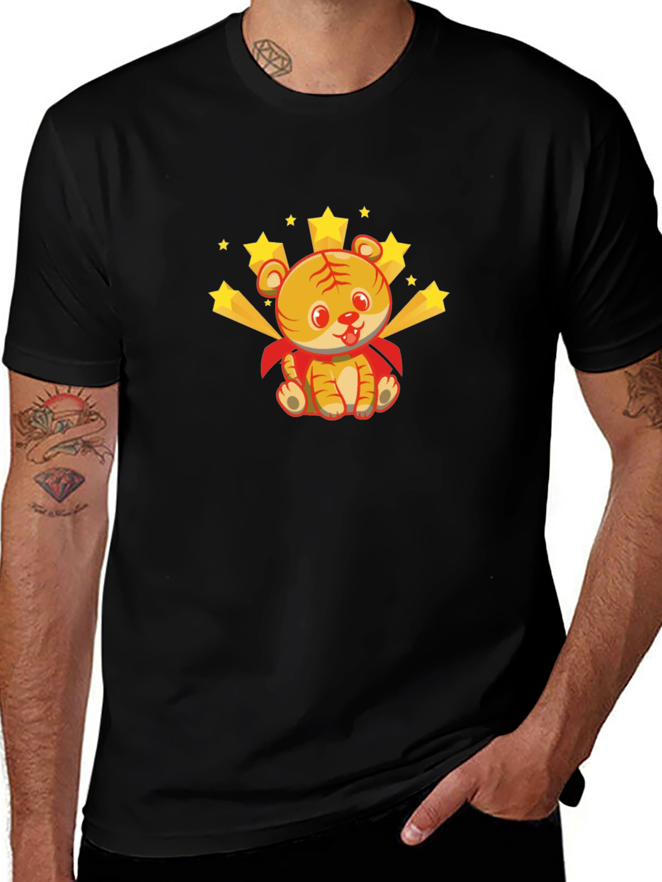 Cute Tiger Superhero Graphic Tee - Black