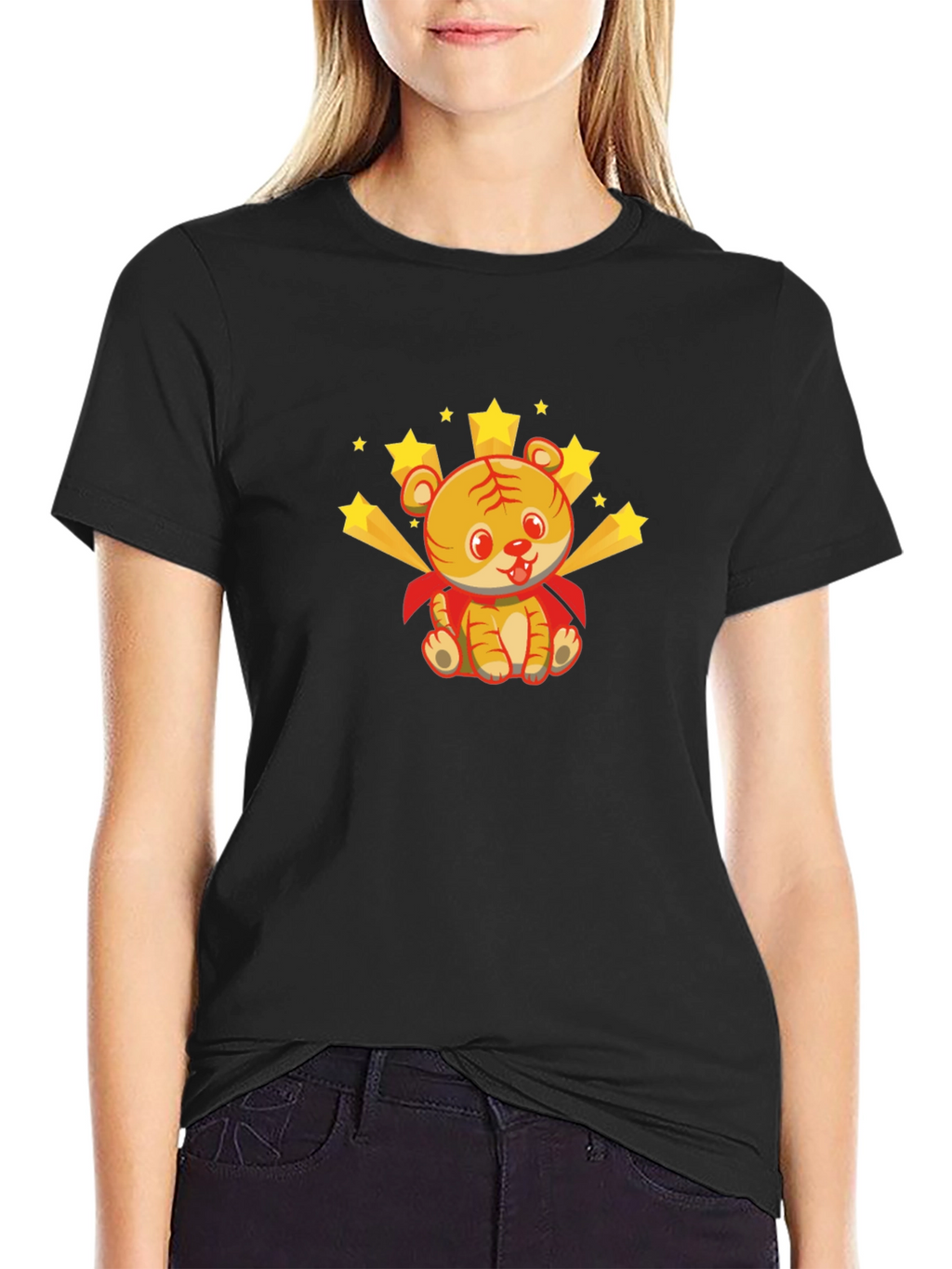 Cute Tiger Superhero Graphic Tee - Black