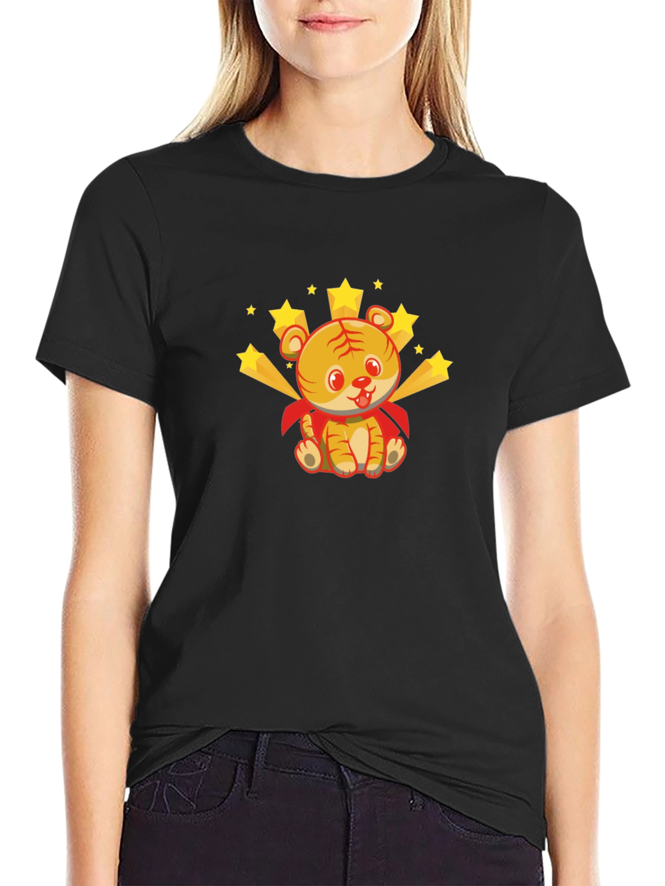 Cute Tiger Superhero Graphic Tee - Black