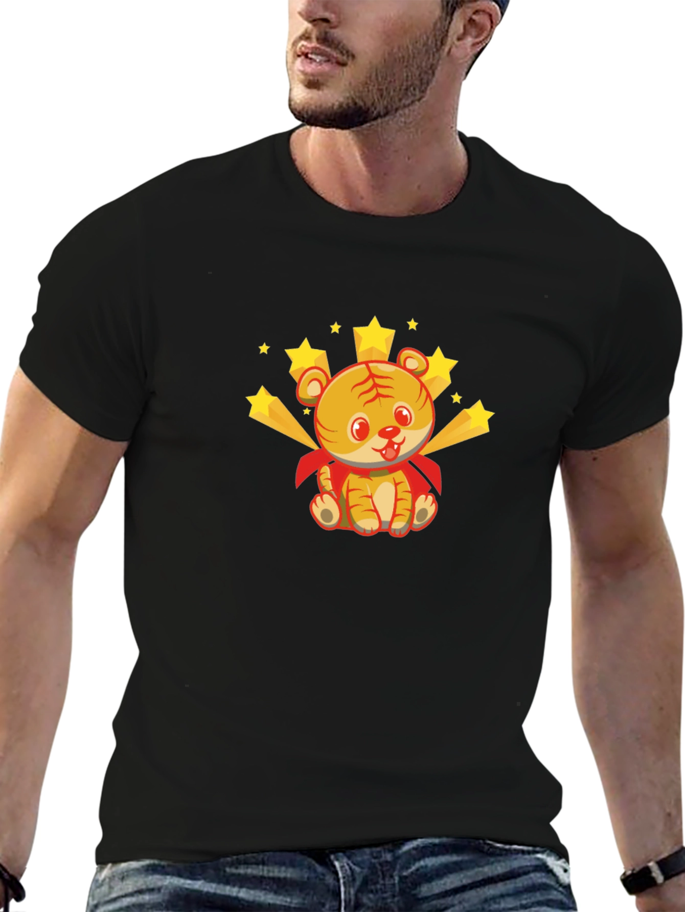 Cute Tiger Superhero Graphic Tee - Black