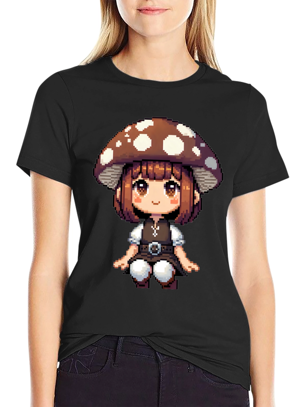 Mushroom Girl Pixel Art T-Shirt - Black Cotton Tee
