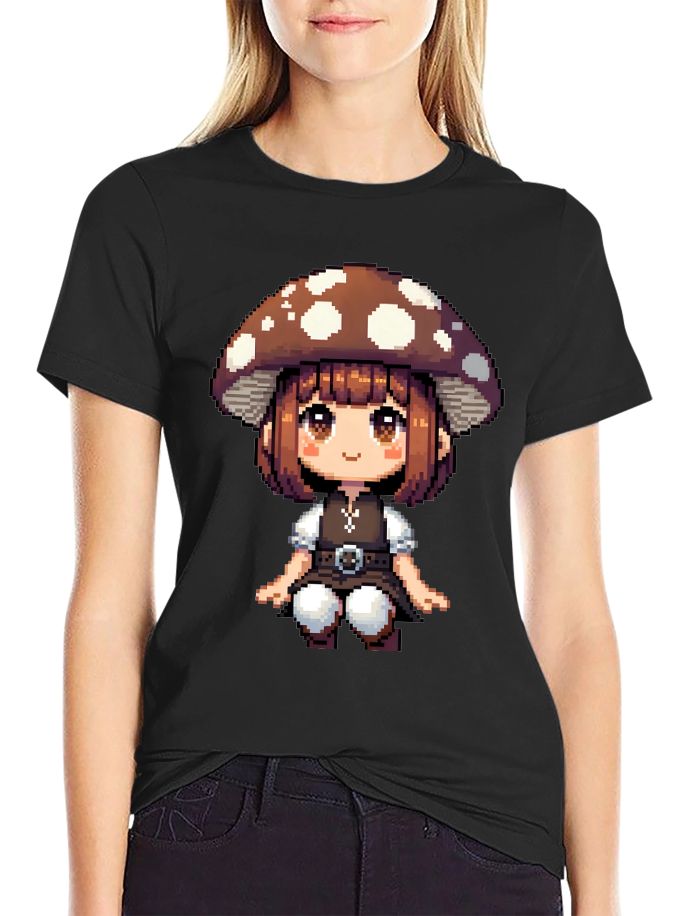 Mushroom Girl Pixel Art T-Shirt - Black Cotton Tee