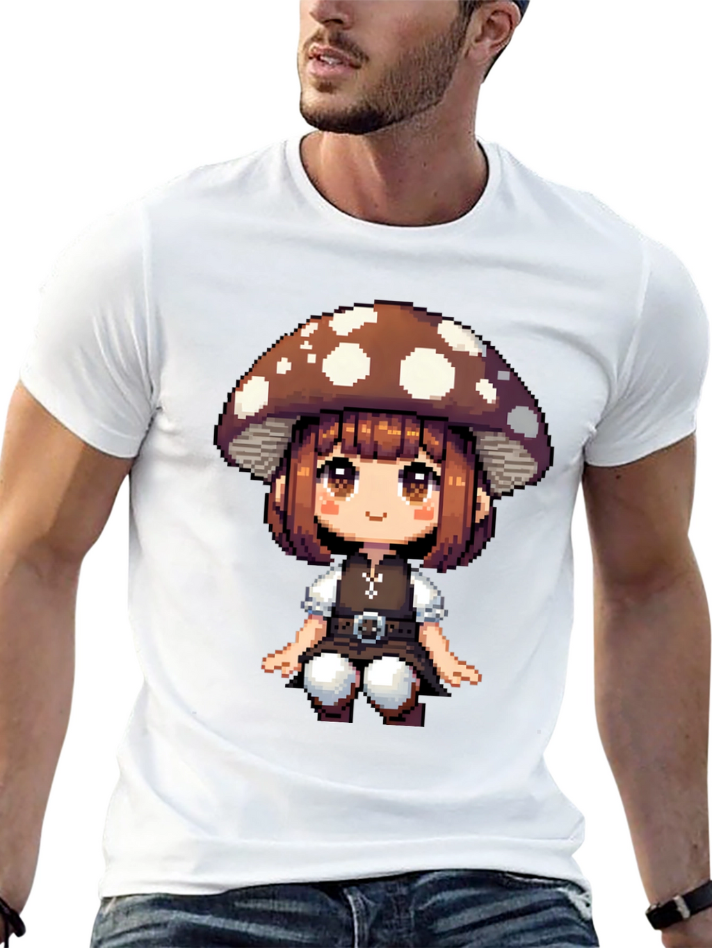 Mushroom Girl Pixel Art T-Shirt - Black Cotton Tee