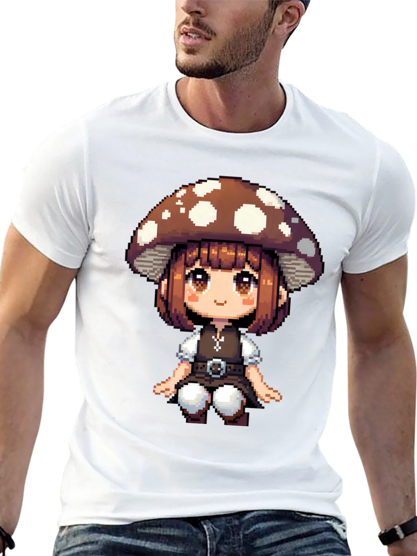 Mushroom Girl Pixel Art T-Shirt - Black Cotton Tee