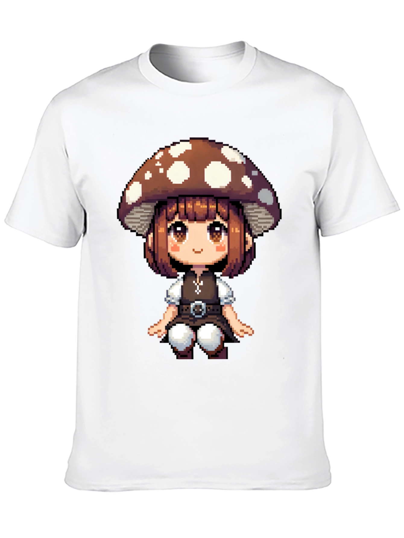 Mushroom Girl Pixel Art T-Shirt - Black Cotton Tee