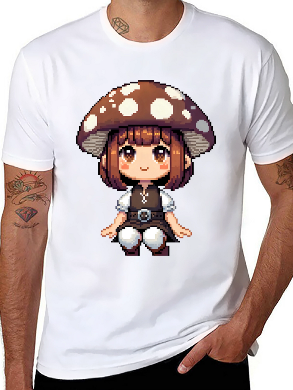 Mushroom Girl Pixel Art T-Shirt - Black Cotton Tee