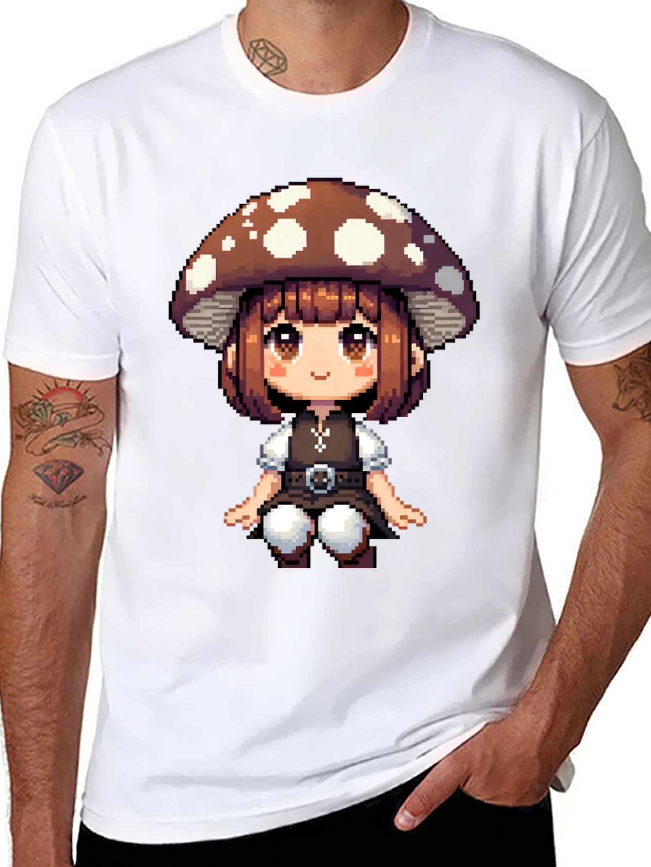 Mushroom Girl Pixel Art T-Shirt - Black Cotton Tee