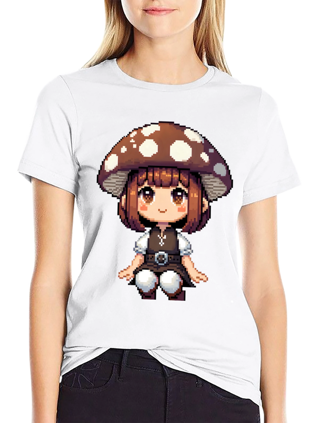 Mushroom Girl Pixel Art T-Shirt - Black Cotton Tee